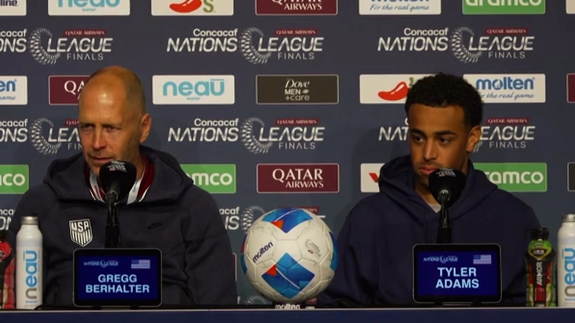 United States head coach Gregg Berhalter and midfielder Tyler Adams speak to the media before their match against Mexico in the Concacaf Nations League Final.