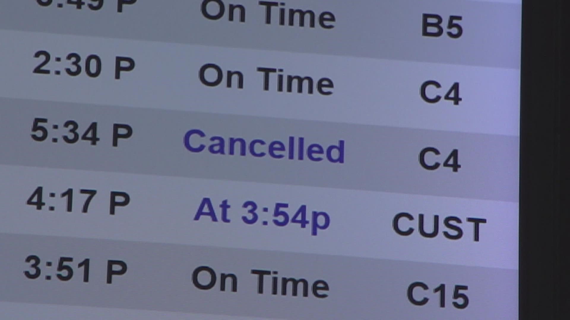 More than 20 flights were canceled Tuesday between DFW and Love Field, according to Flight Aware