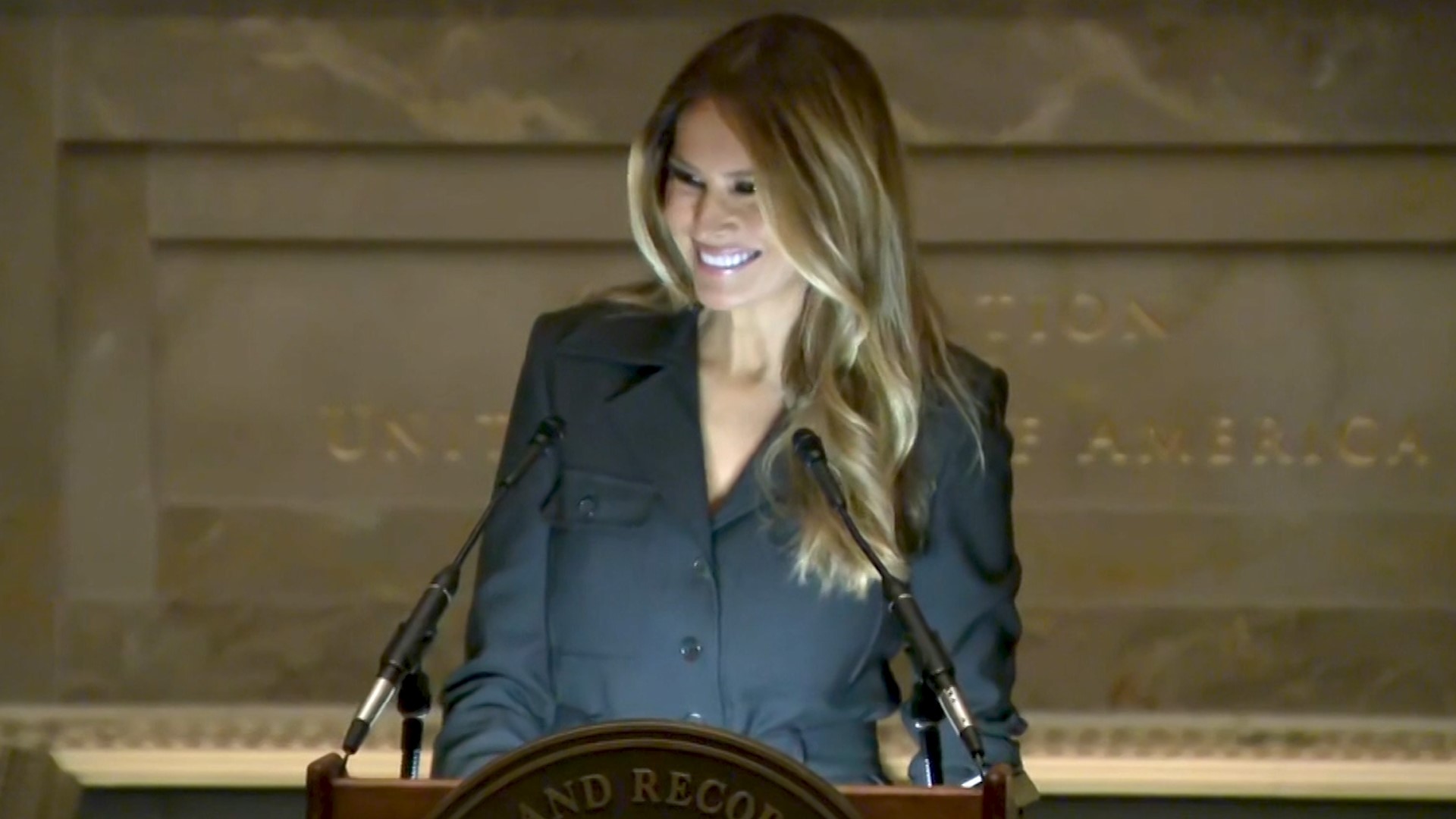 Former first lady Melania Trump delivers remarks at a naturalization ceremony at the National Archives in Washington, D.C.