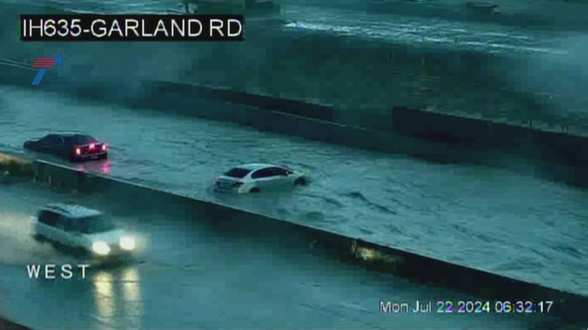 Cars lost control on I635 ponded on the roadway Monday morning.