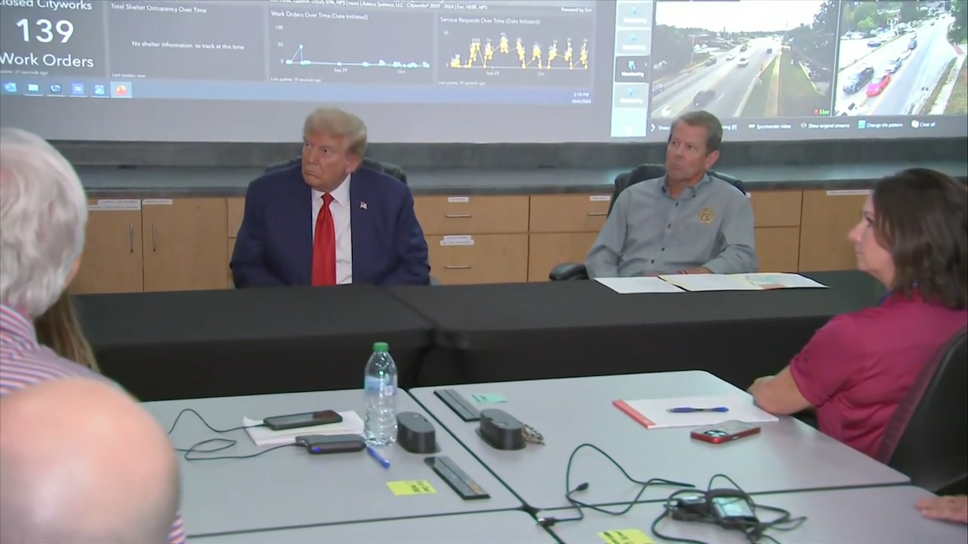 Former President Trump received a briefing from Georgia Governor Brian Kemp at the Emergency Operations Center for Columbia County on October 4, 2024.