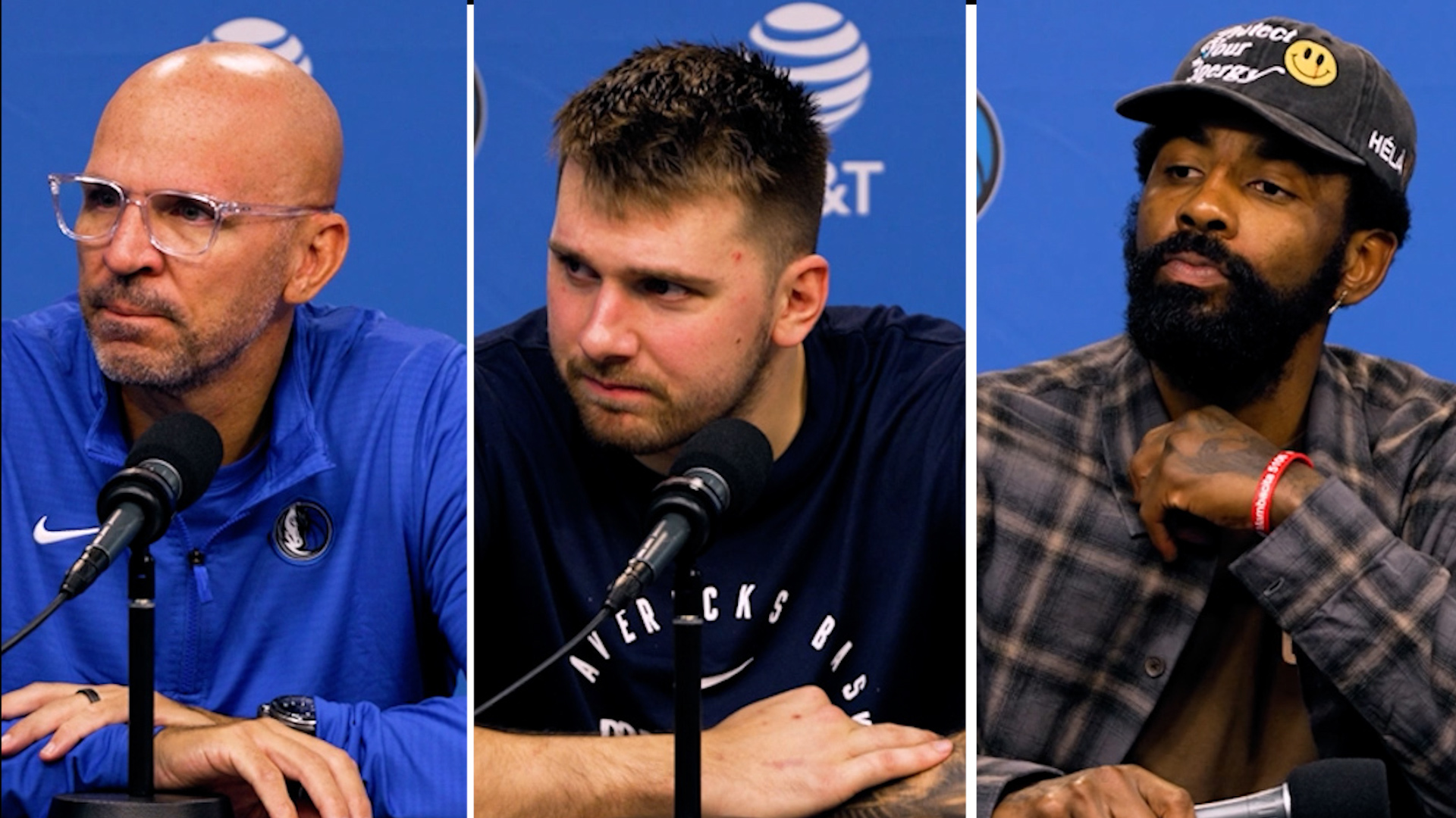 Jason Kidd, Luka Doncic and Kyrie Irving speak to the media after their Halloween loss to the Houston Rockets.