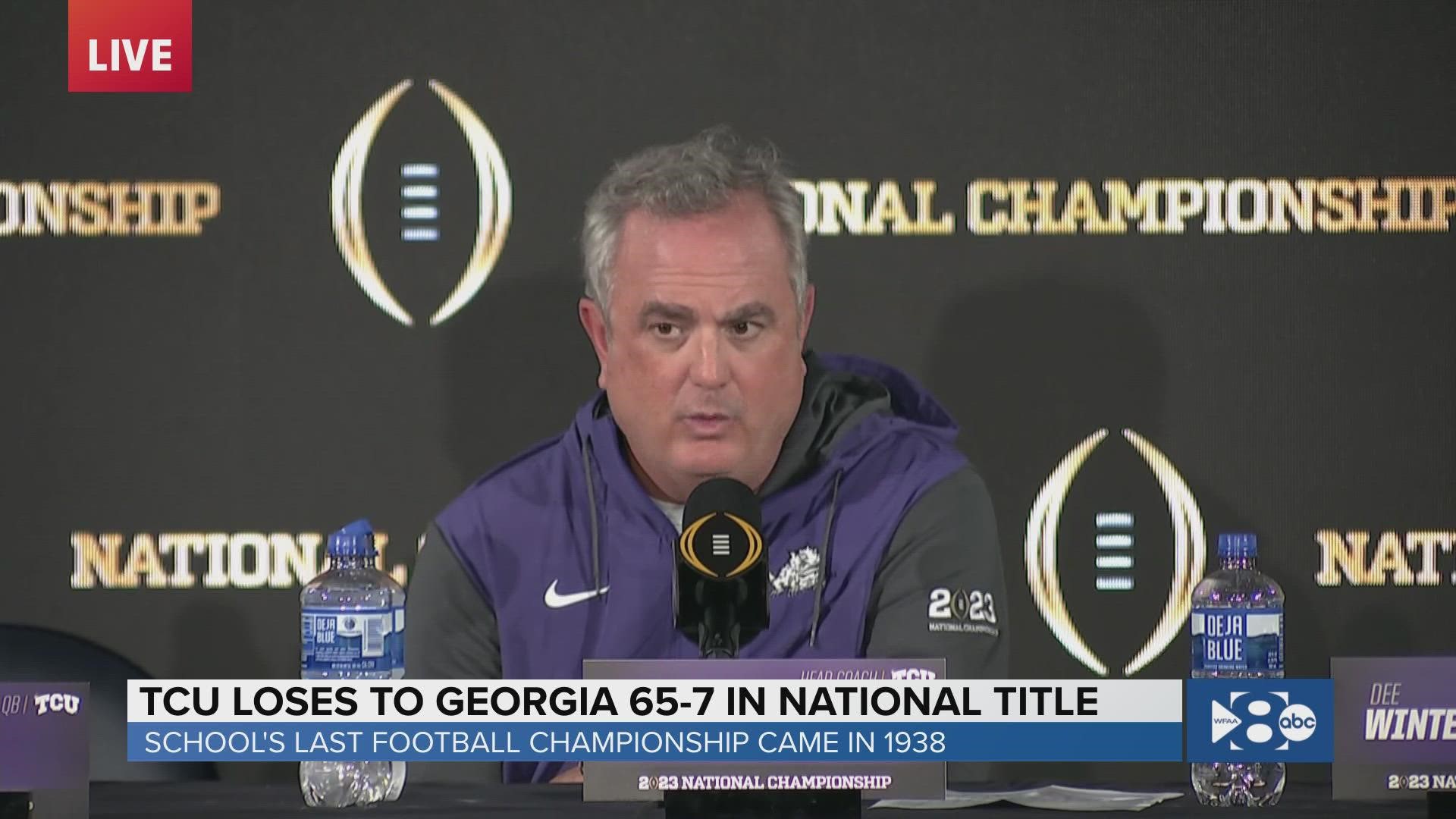 TCU lost to Georgia in the national title game, 65-7. It was the largest blowout loss in college football national championship game history.