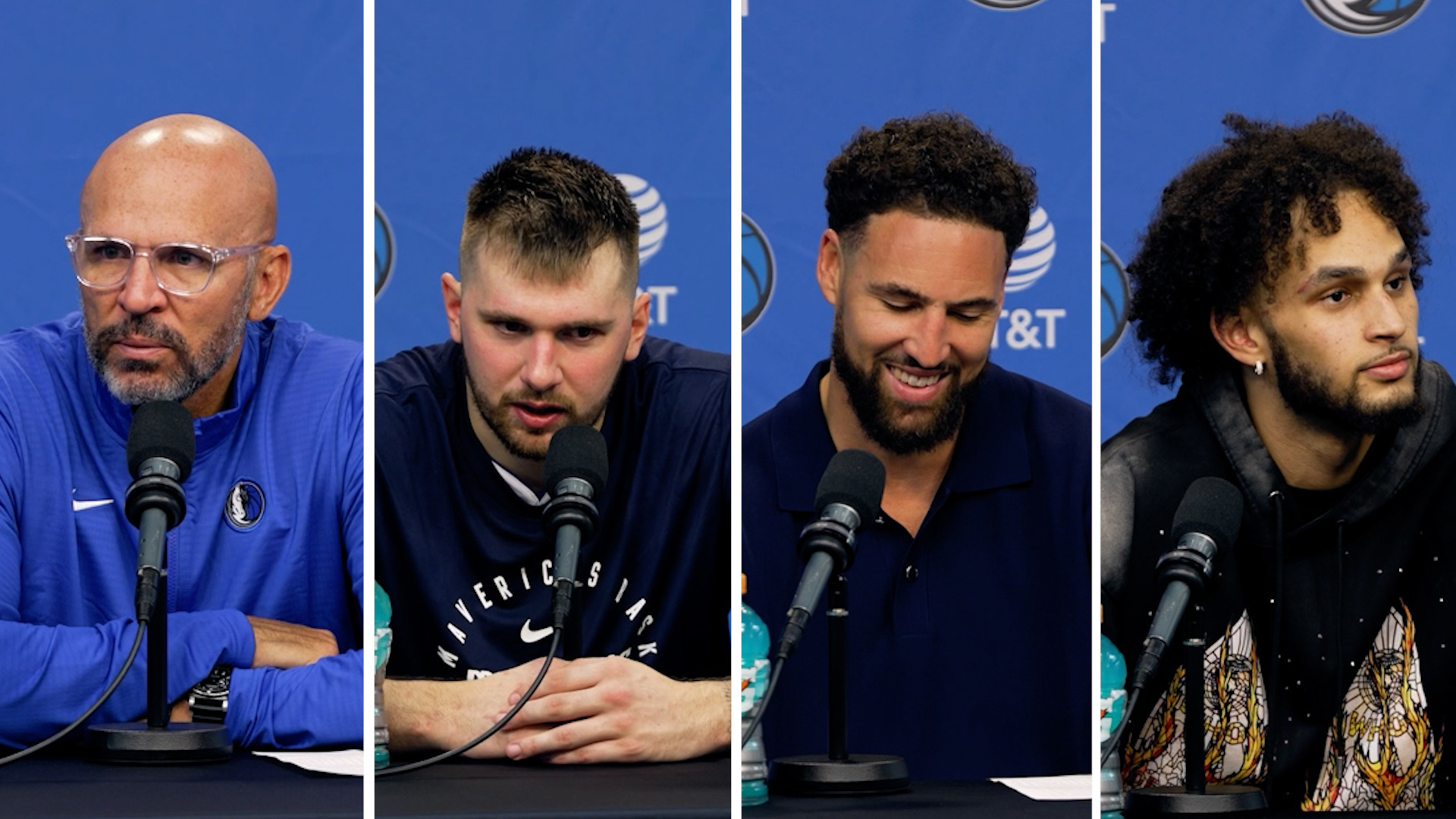 Dallas Mavericks head coach Jason Kidd, Luka Doncic, Klay Thompson and Dereck Lively II speak to the media after their season opener win against the Spurs.