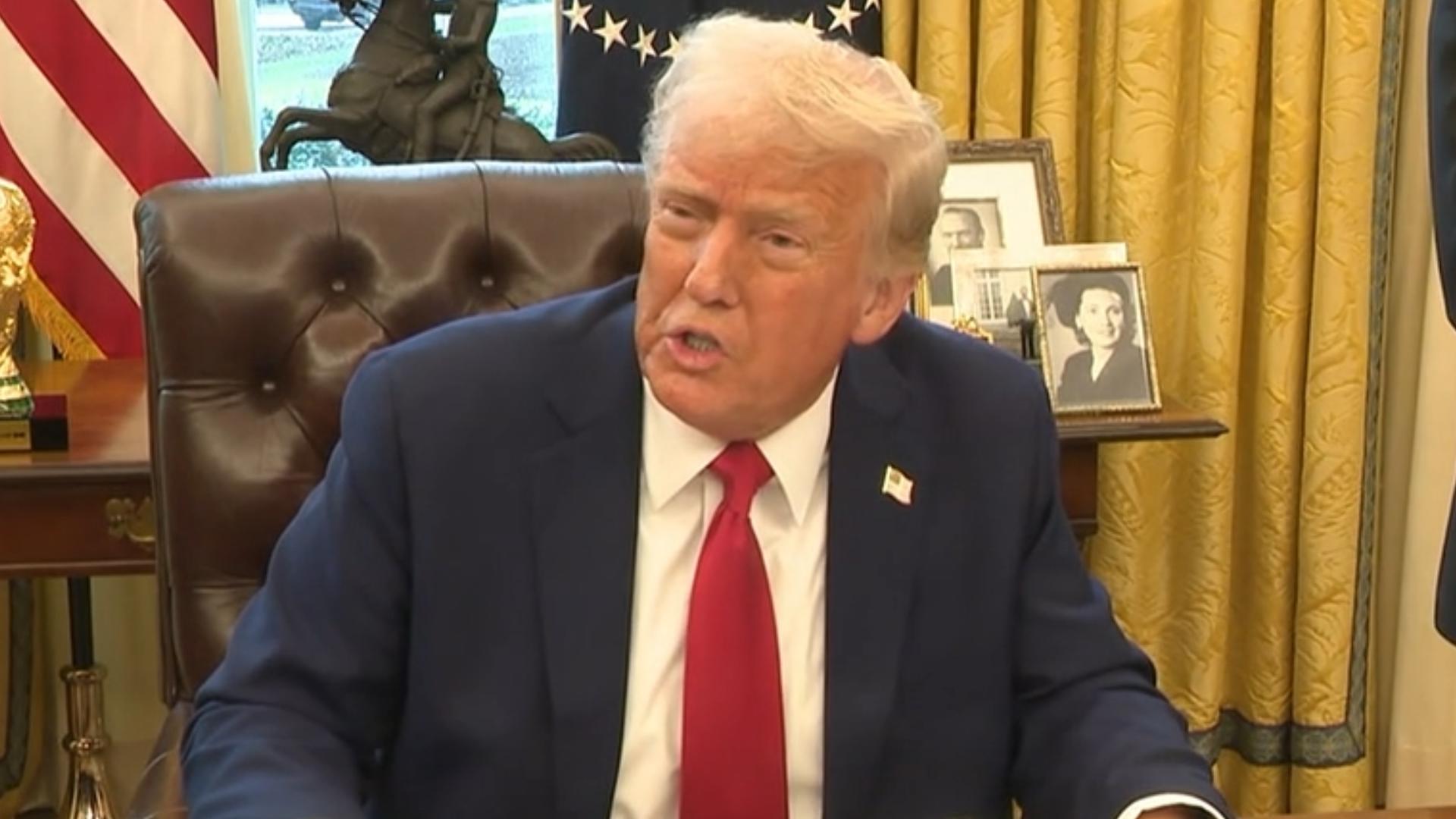 President Donald Trump signed new executive orders and spoke on tariffs with reporters on Monday, February 3, 2025, from the Oval Office inside the White House.