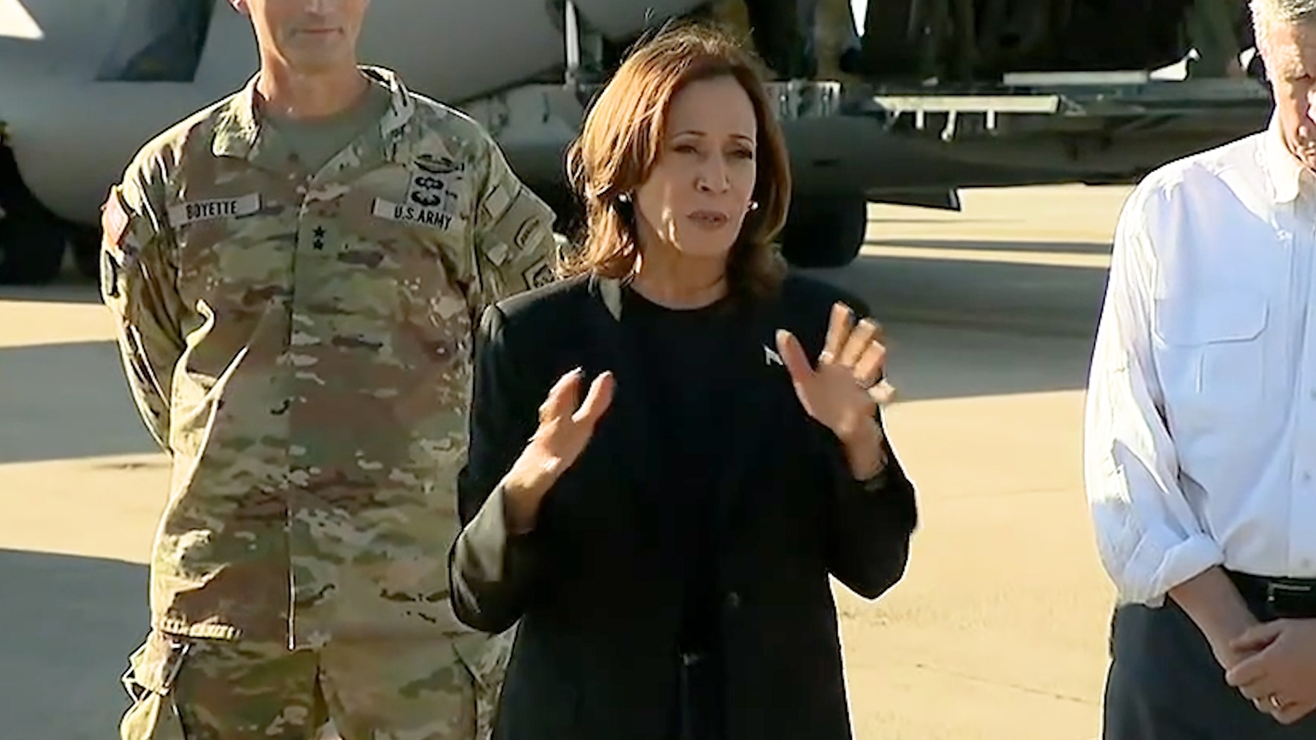 On October 5, 2024, Kamala Harris spoke to the media after a briefing in North Carolina after Hurricane Helene made landfall.