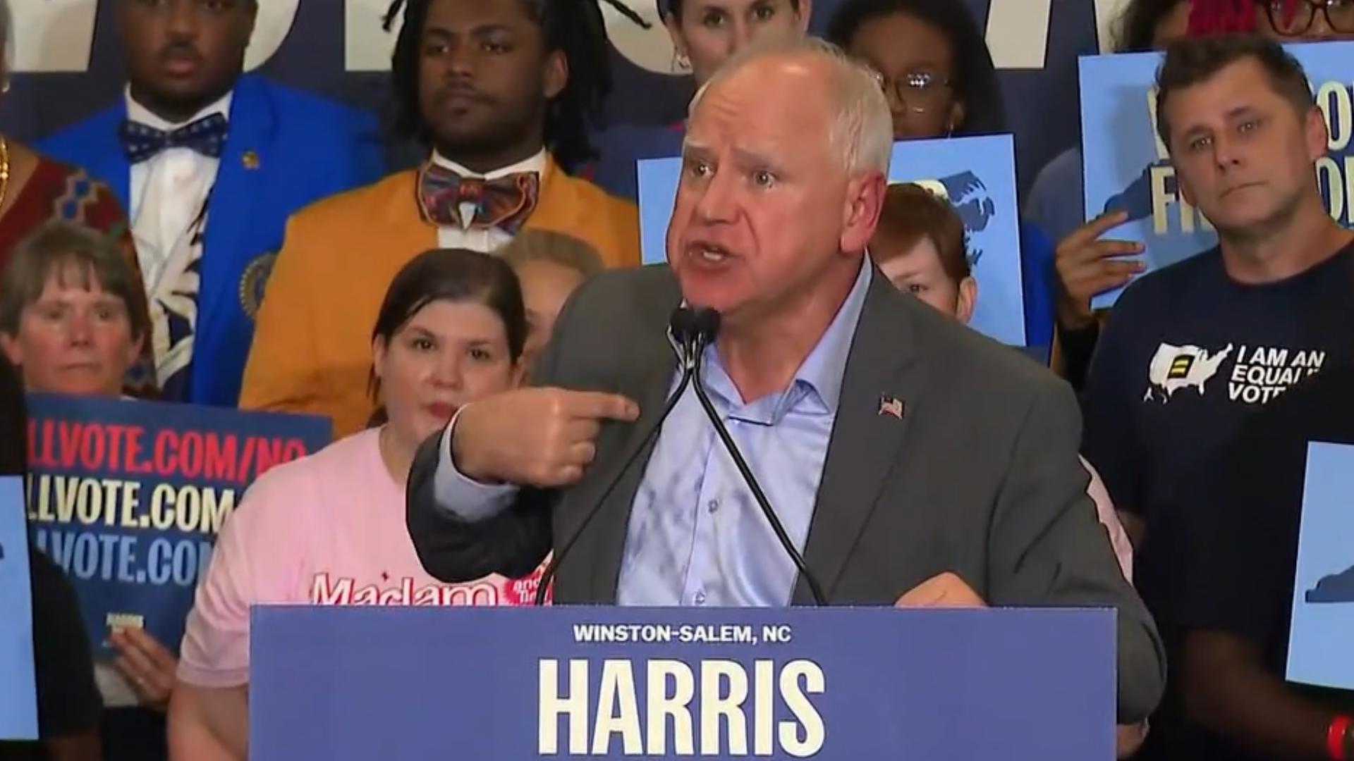 Gov. Tim Walz delivered remarks at a campaign event in Winston-Salem, North Carolina, on October 17, 2024.