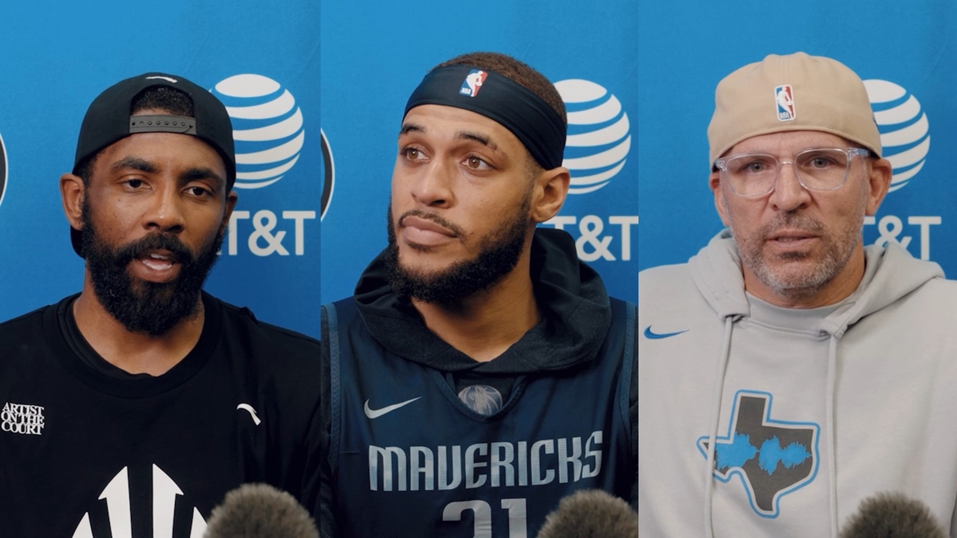 Kyrie Irving, Daniel Gafford and Jason Kidd talked to the media on April 18, 2024, at a practice before the Mavs play the Clippers for Game 1 in the NBA Playoffs.