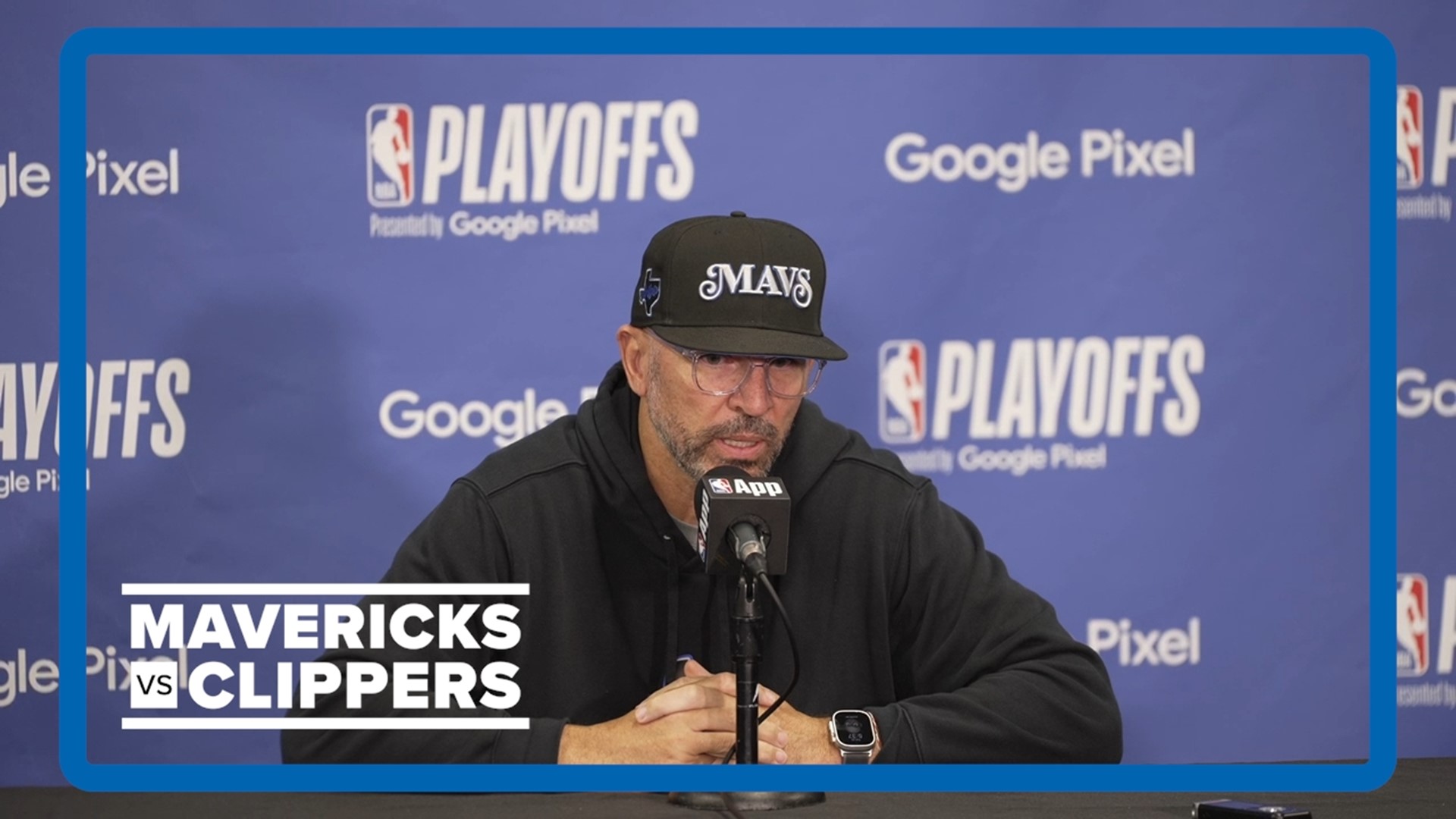 Dallas Mavericks Coach Jason Kidd talked to the media on April 23, 2024, before the Mavs play the Clippers for Game 2 in the NBA Playoffs.
