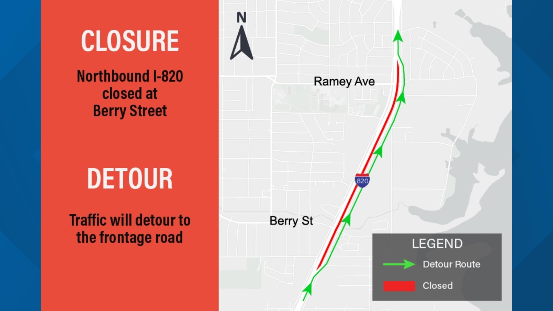 Northbound I-820 to close Wednesday in southeast Fort Worth for