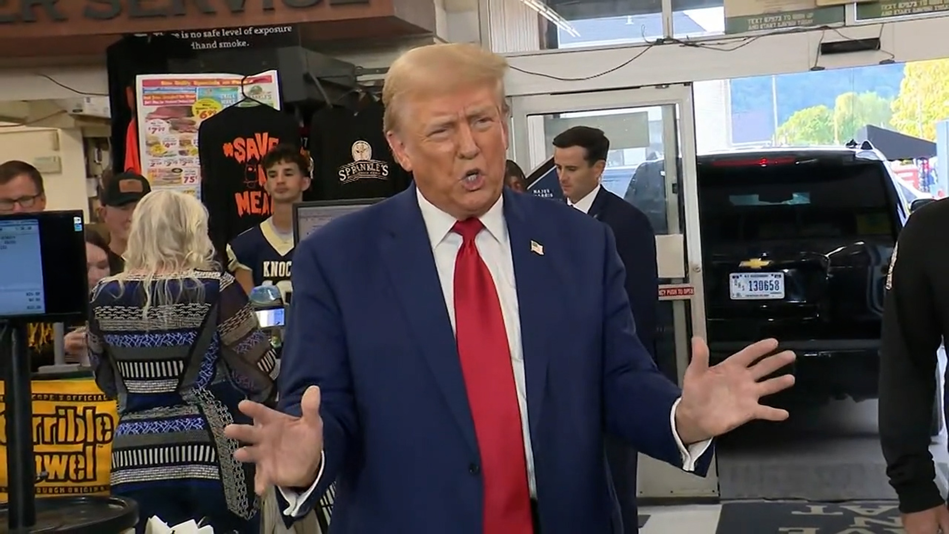 Former President Donald Trump visited Sprankle's, a local grocery store chain outside of Pittsburgh, in Kittanning, Pennsylvania, on September 23, 2024.