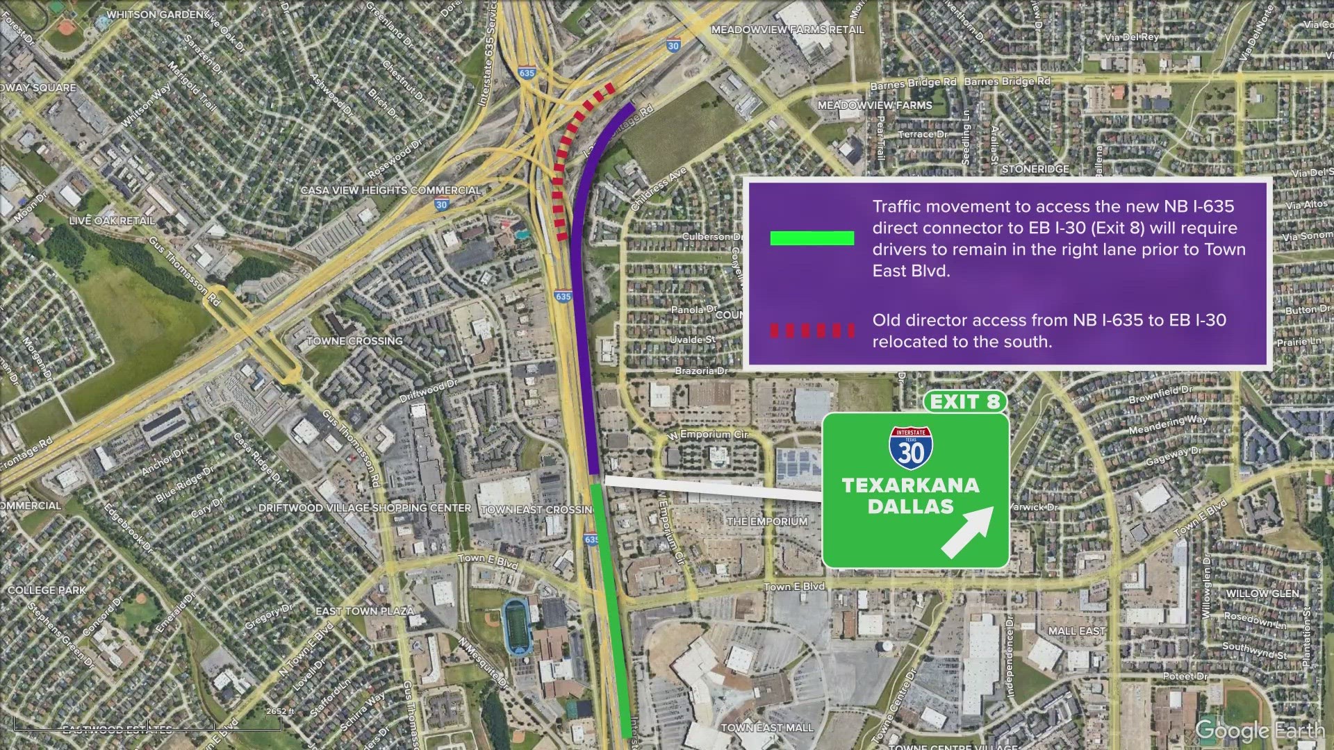 Drivers will access the new direct connector by remaining in the right lane along northbound I-635 following signs labeled for Exit 8, towards Texarkana.
