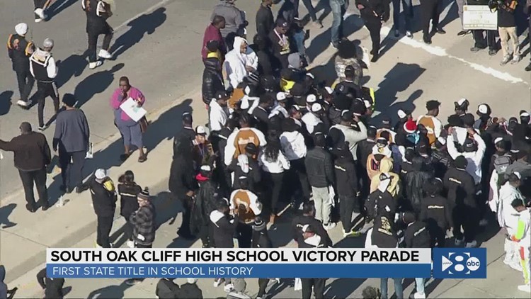 Aerial and ground views of the South Oak Cliff High School victory parade