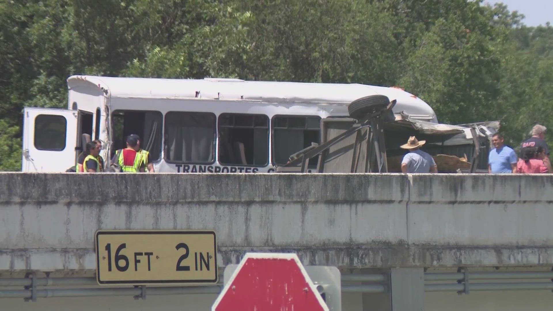 More than a dozen people were hospitalized, and authorities are looking for four suspects who fled the stolen vehicle after the wreck.