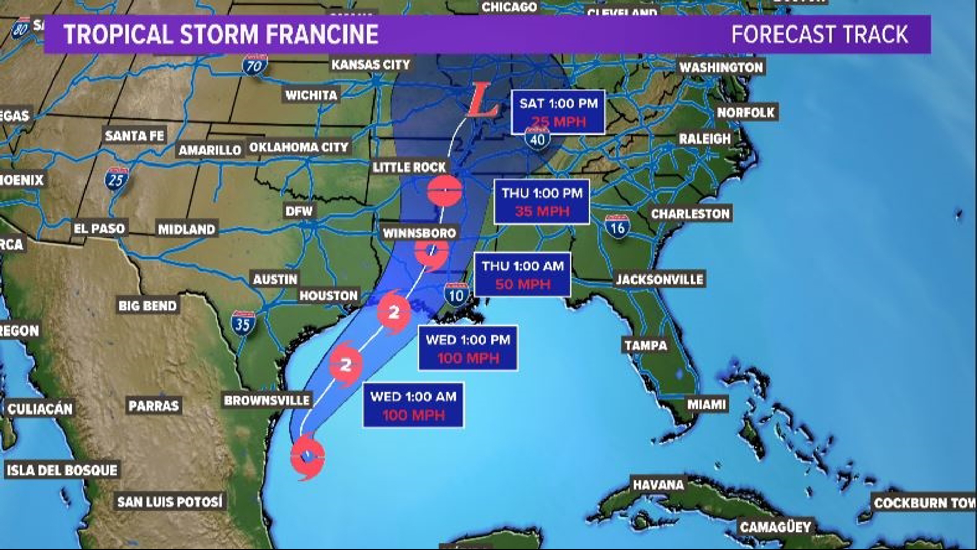 Tropical Storm Francine is moving through the Gulf of Mexico. Here's the latest forecast, path, and storm surge predictions.