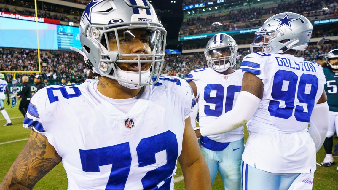 Dallas Cowboys defensive tackle Trysten Hill (72) celebrates after  recovering a fumble by the Los Angeles Chargers during the first half of a  preseason NFL football game Saturday, Aug. 20, 2022, in