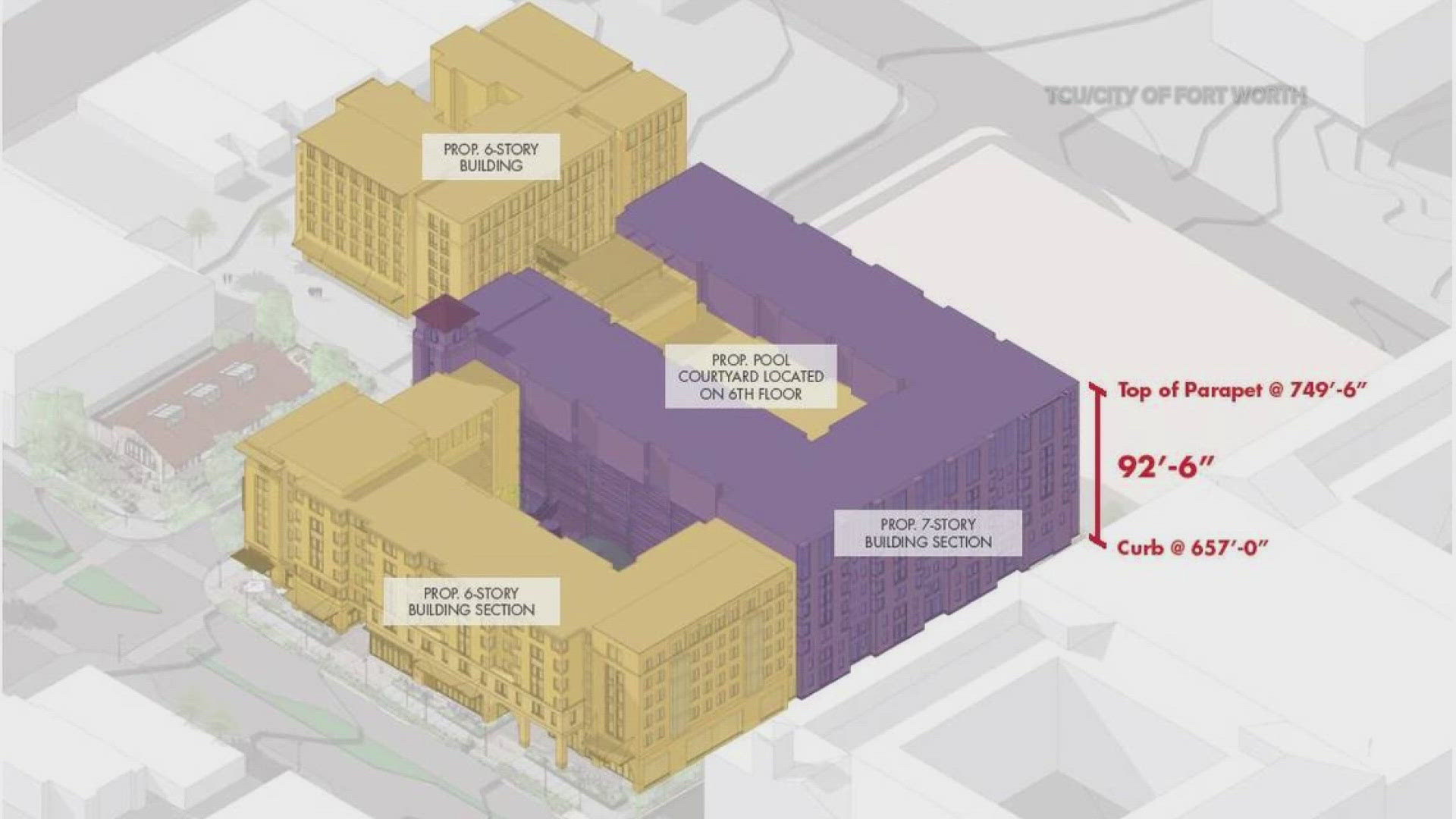 Three new buildings would be 6 to 7 stories tall, with parking garages, retail space and apartments for upperclass students.