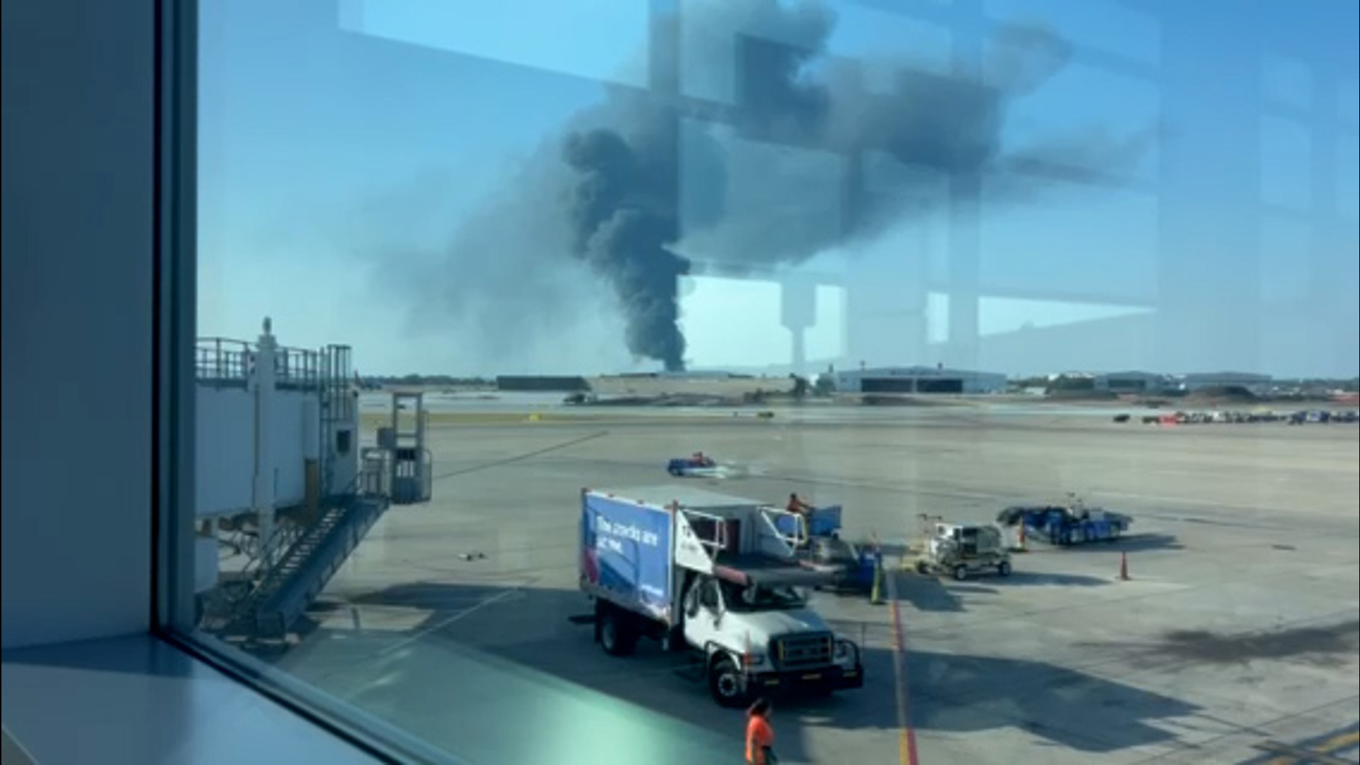 A fire from a tire shop off Denton Drive in Northwest Dallas is sending a plume of smoke into the sky which is visible from the surrounding area.