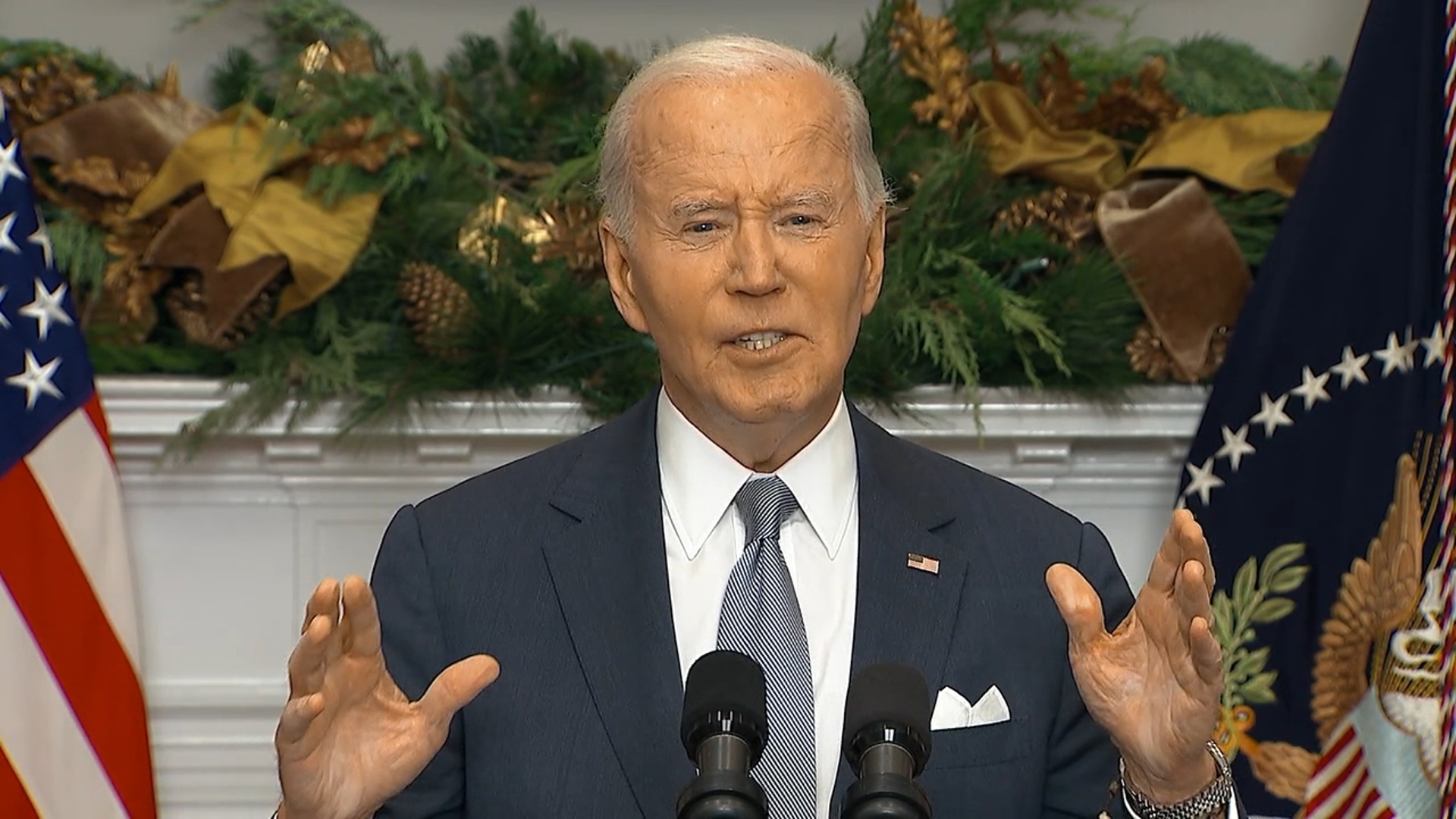 President Joe Biden delivered the latest developments out of Syria to the press from the Roosevelt Room of the White House in Washington D.C. on December 8, 2024.