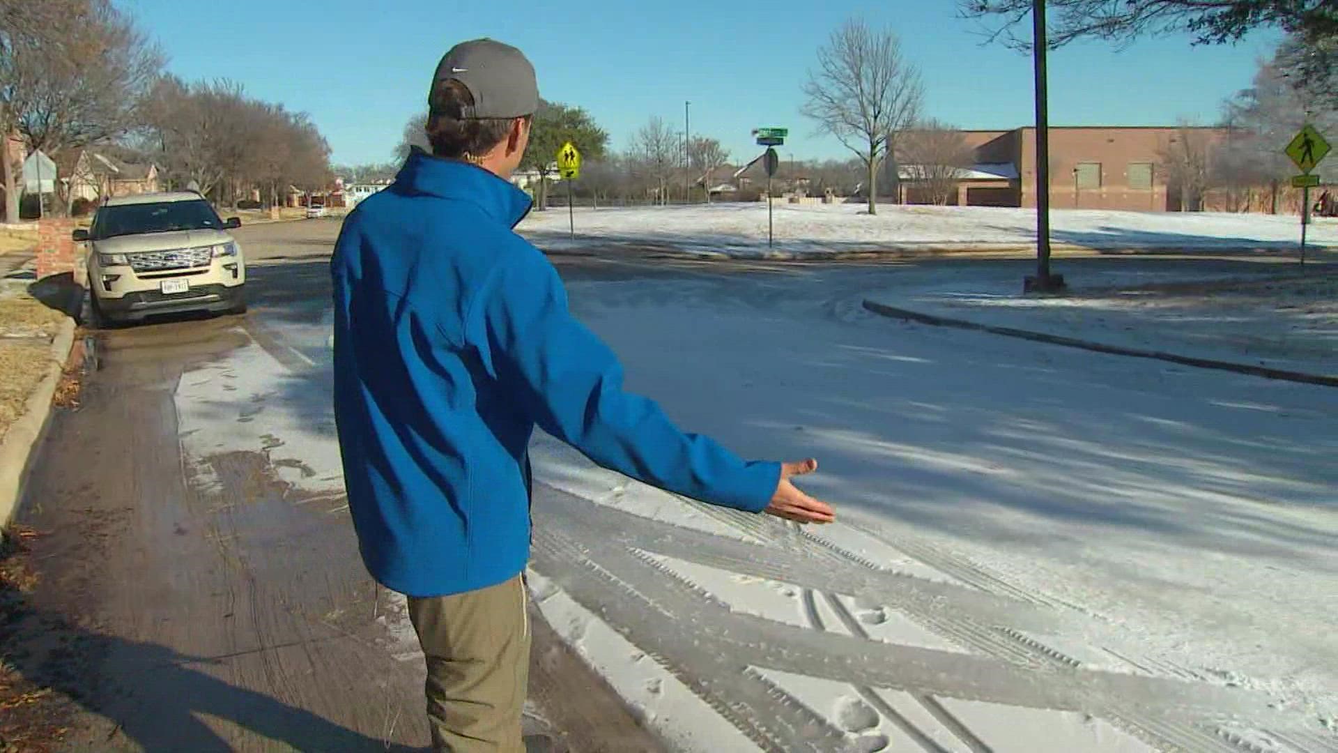 WFAA meteorologist Kyle Roberts is in Collin County on Friday, showing some of the side streets that still have some slick spots from the winter storm.