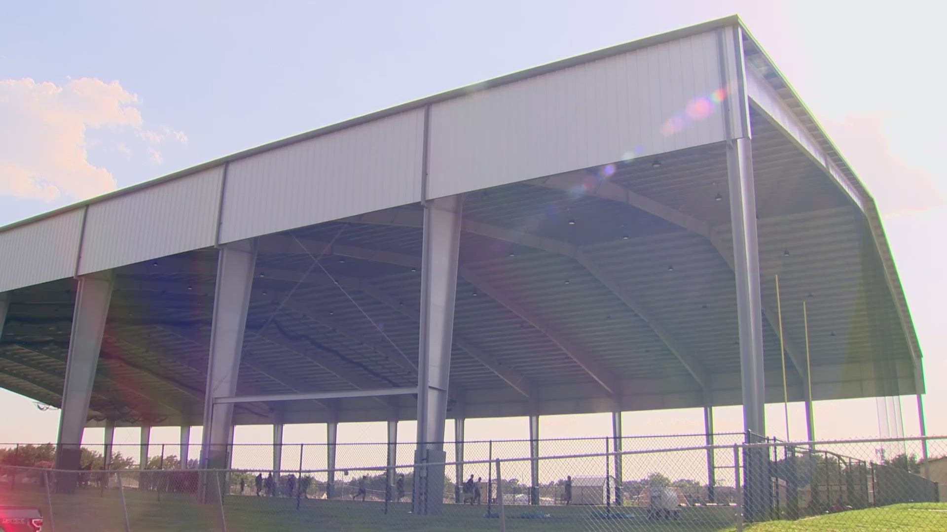 The pavilion lowers temperatures on the practice field between 20-25 degrees, according to Mesquite Poteet High School coach Rodney McLain.