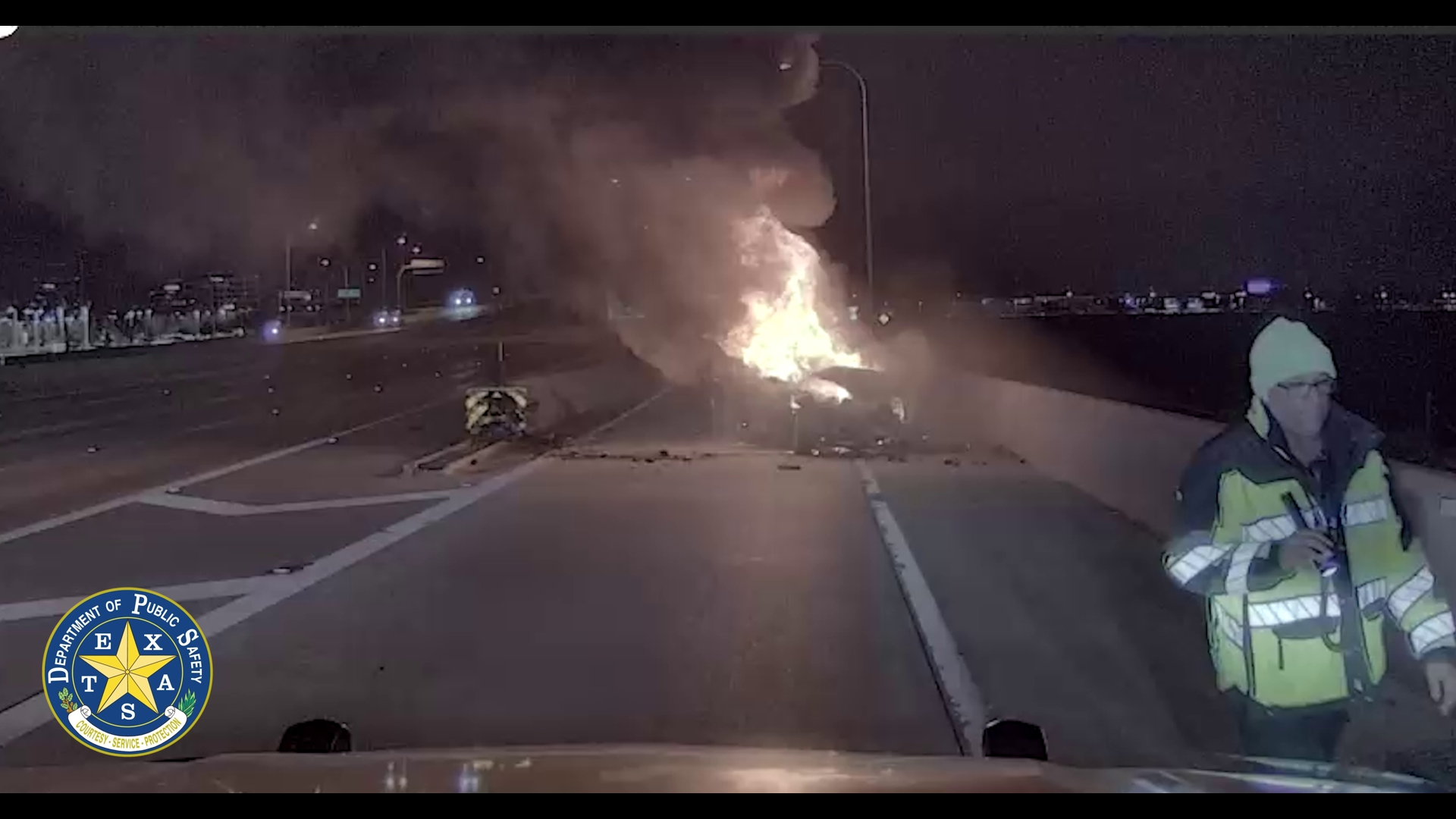 A quick-thinking Trooper saved a man's life who was trapped inside a burning vehicle along a highway in Plano.