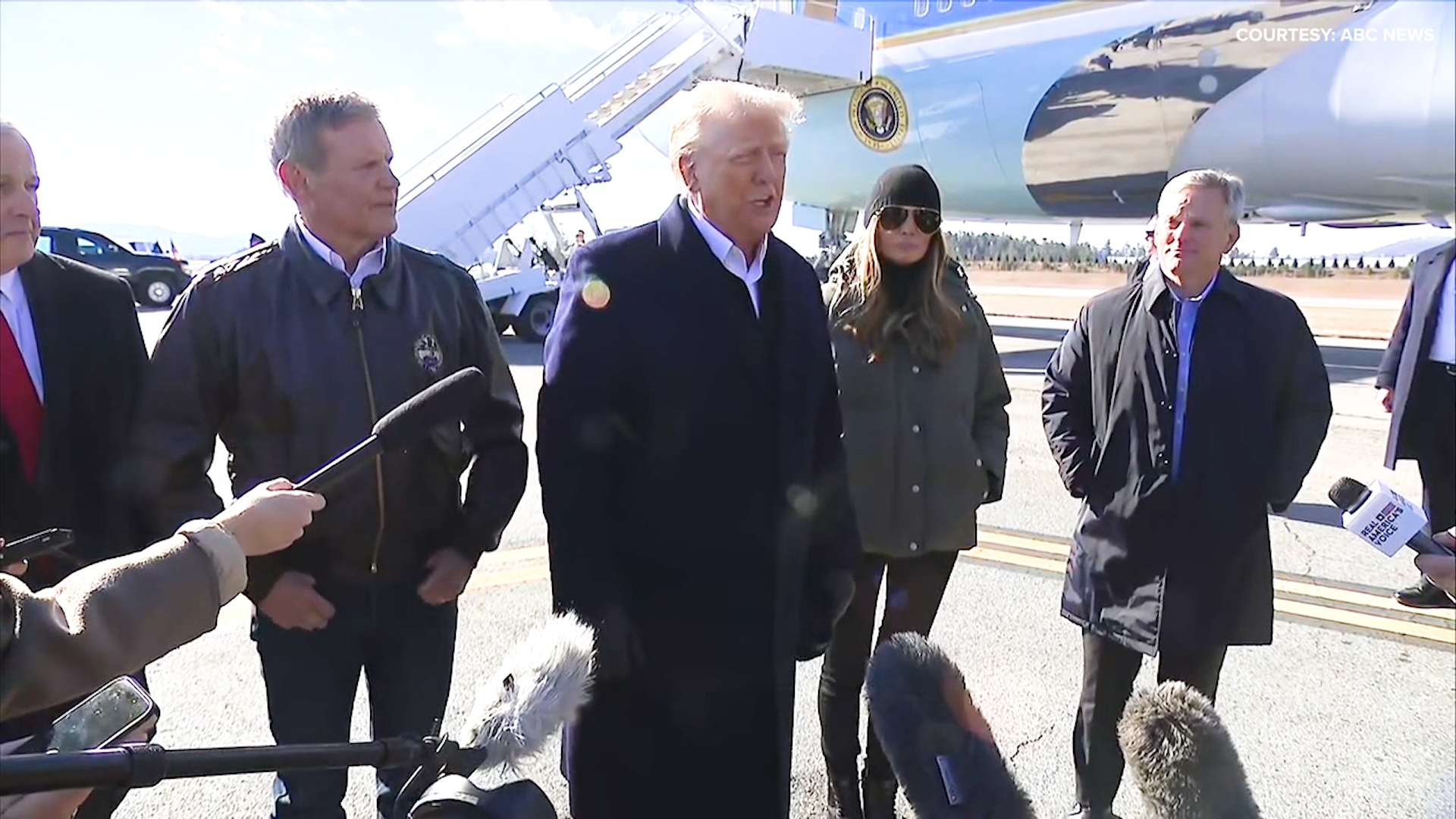 President Trump arrives in Asheville, North Carolina, on Jan. 24, 2025, and speaks to the media on the tarmac, taking multiple questions.