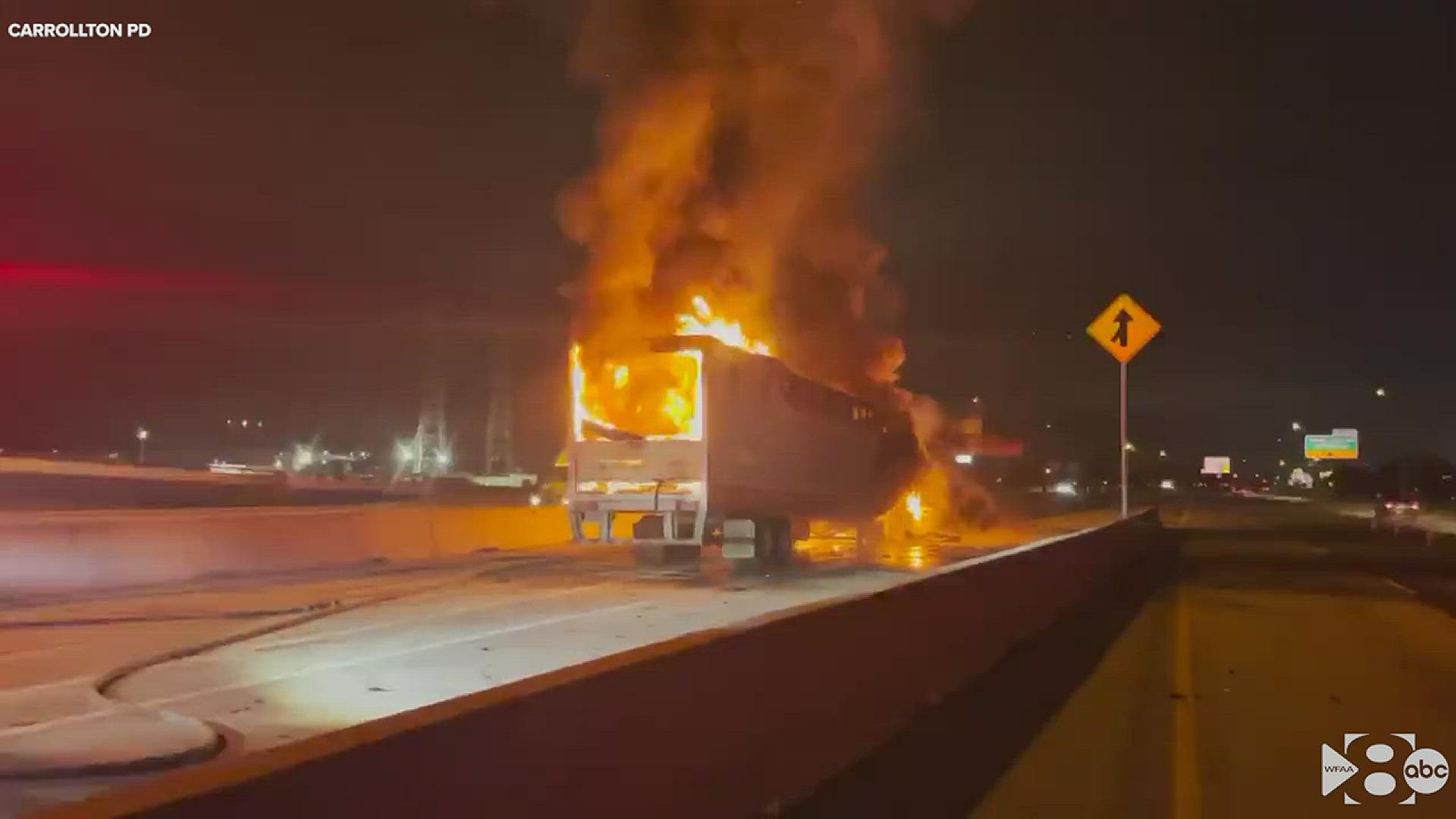 Carrollton police shared this video of a truck fire on the I-35 Express Lane. The crash shut down the Express Lane for several hours Monday morning.