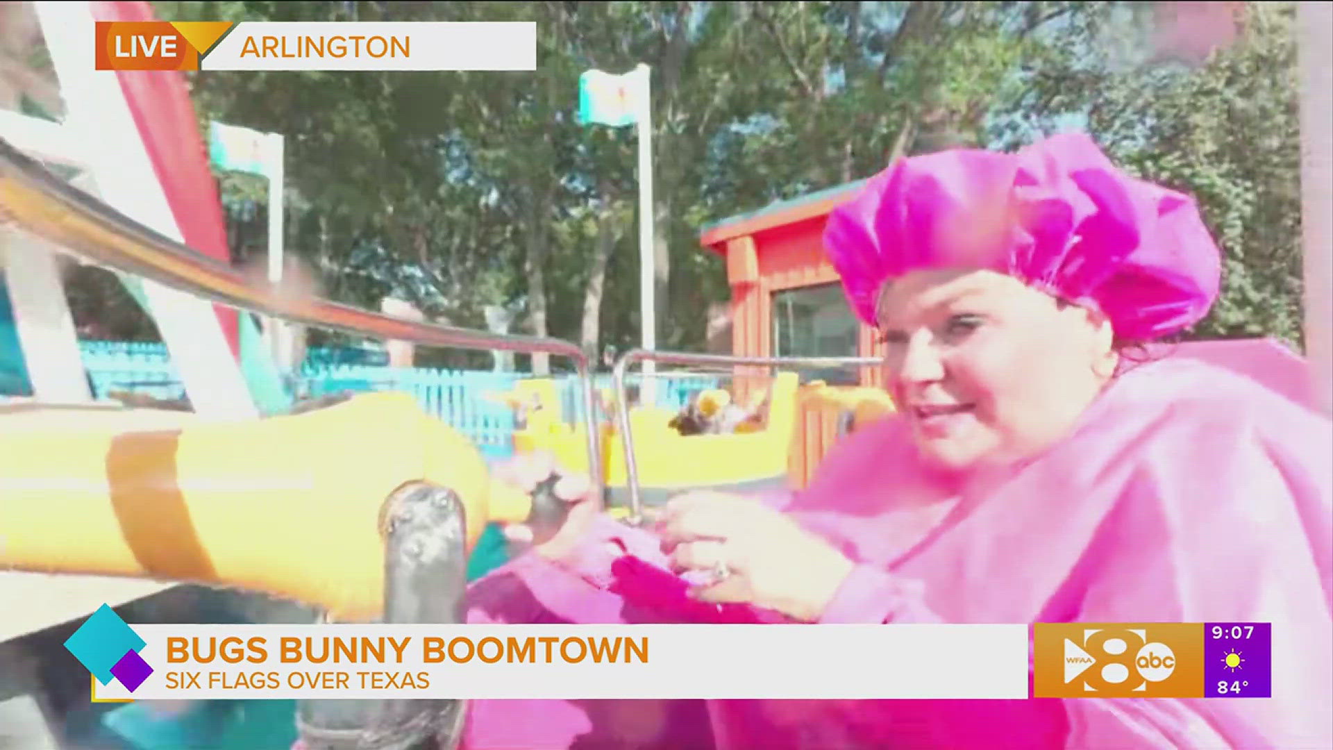 Paige checks out the new Daffy Duck Bucket Blasters ride at Bugs Bunny Boomtown at Six Flags over Texas.