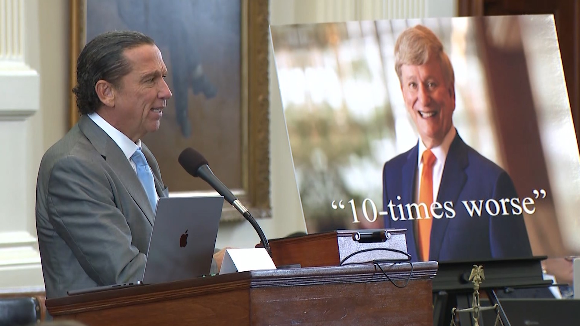 Attorney Tony Buzbee begins his closing arguments in Ken Paxton's impeachment trial with an image of opposing attorney Rusty Hardin next to him.