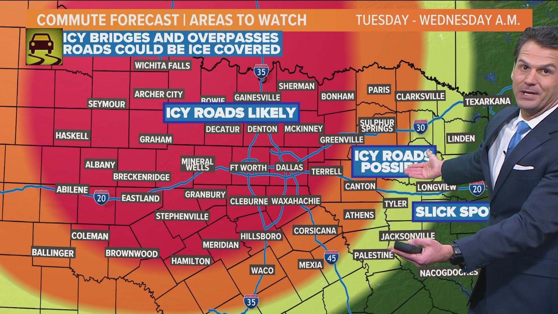 The warning is now in effect in North Texas until Wednesday. WFAA meteorologist Kyle Robert gives a timeline of what to expect when you're driving.