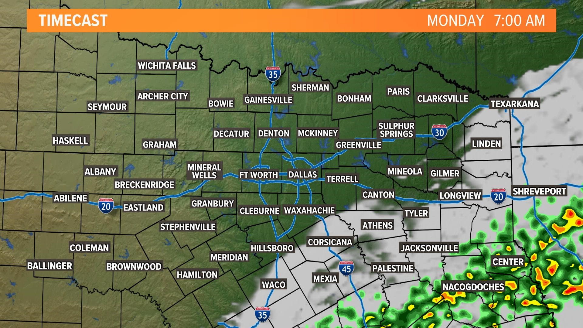 Showers and storms southeast of DFW early today along the cold front.