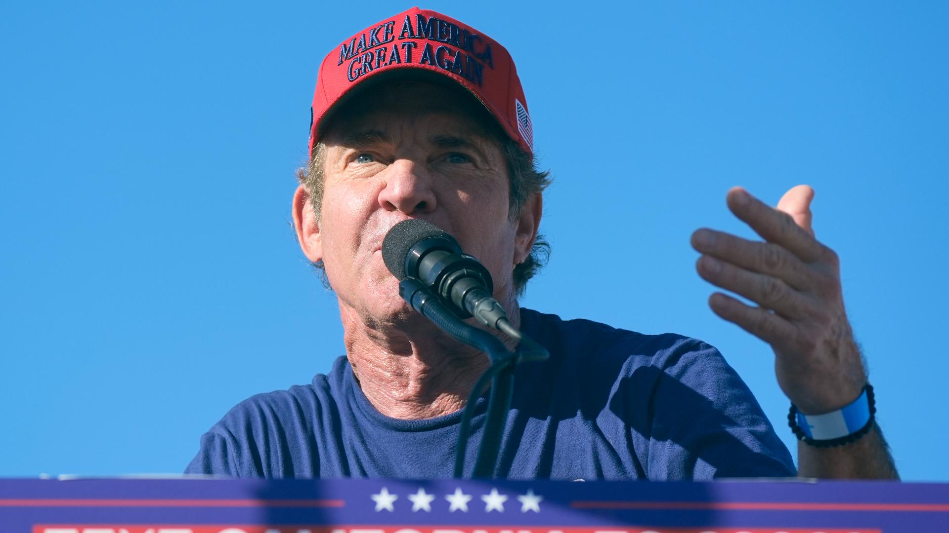 Dennis Quaid spoke at a presidential campaign rally at the Calhoun Ranch on Oct. 12, 2024, in Coachella, California.