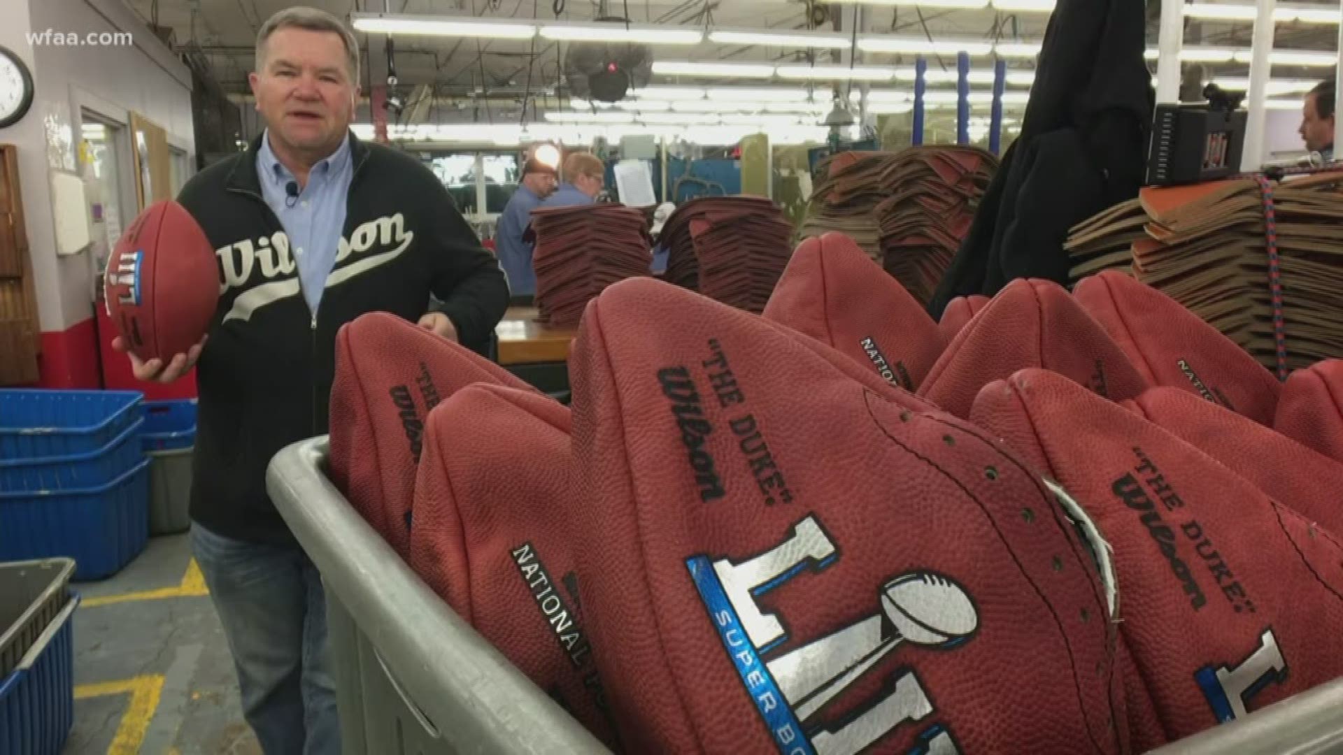 The Super Bowl is a glamorous event. The place where the footballs that will be used in the game is not. Mike Castellucci takes us to an unassuming warehouse in Ada, Ohio to watch how the footballs are made