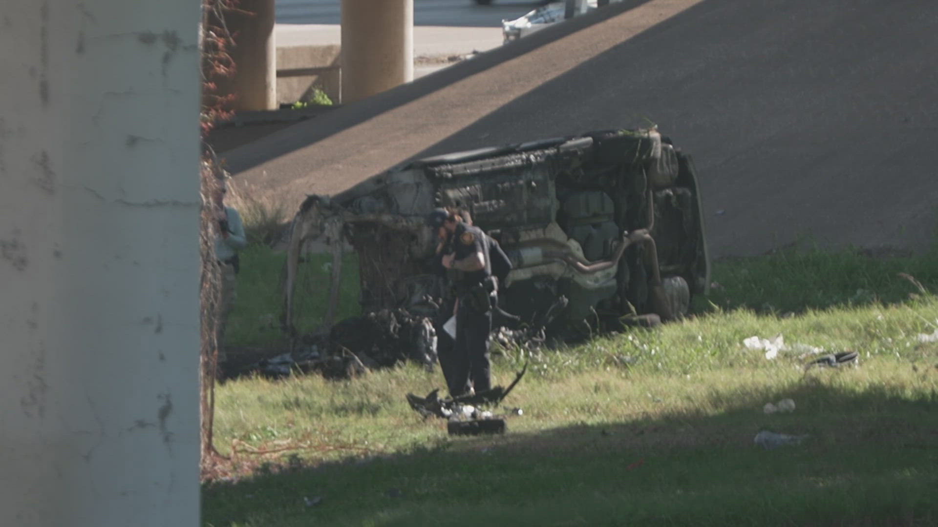 A car flipped and caught on fire.