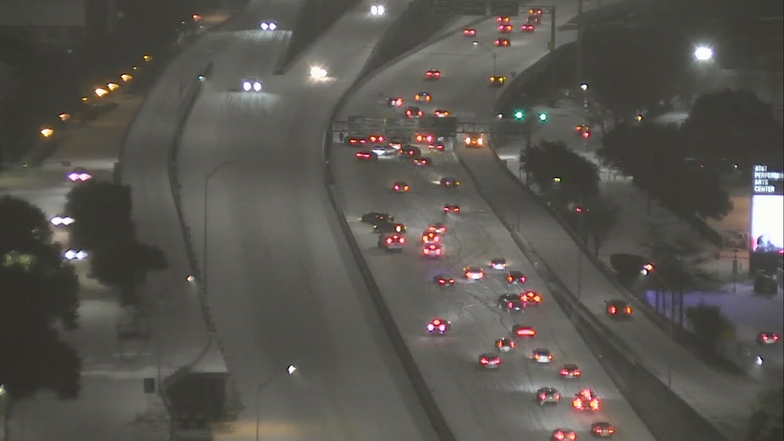 Cars backed up along Woodall Rodgers Freeway in Dallas after Mavericks game