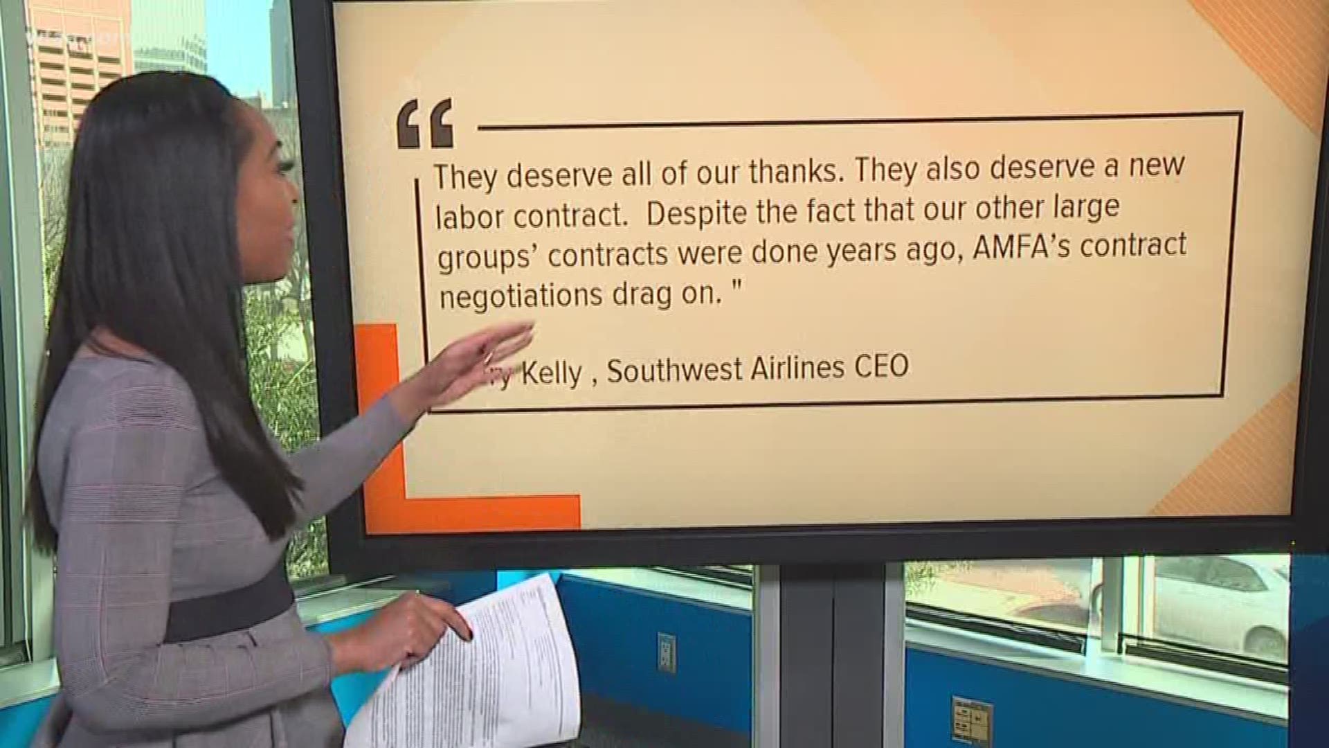 "They also deserve a new labor contract," Southwest Airlines CEO Gary Kelly wrote in a statement Saturday.