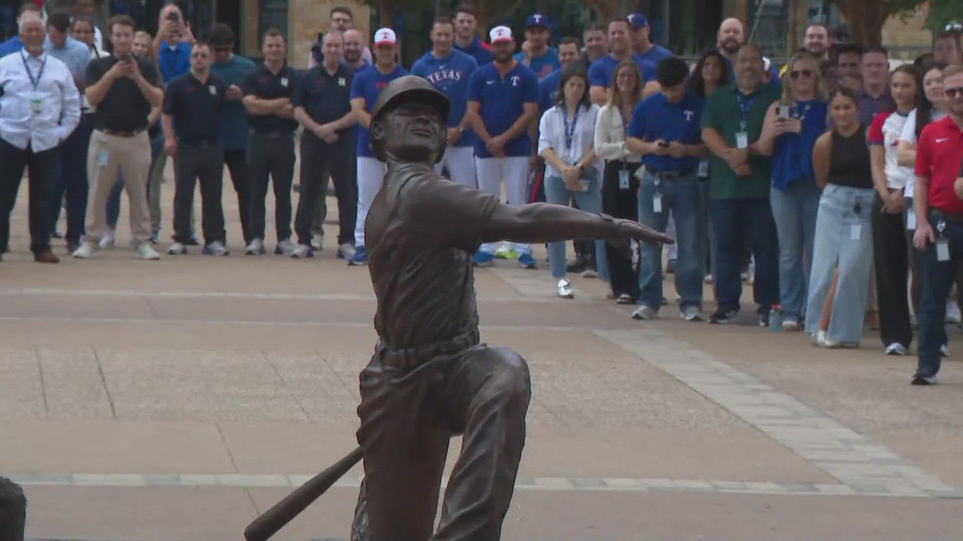 Texas Rangers third baseman Adrian Beltre was immortalized in bronze on the northeast plaza of Globe Life Field with the perfect pose.