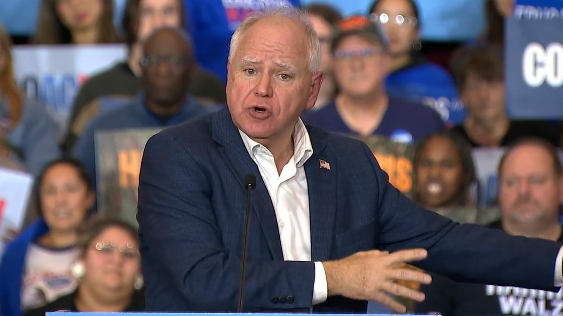 Gov. Tim Walz delivered remarks at a campaign event in Racine, Wisconsin, on October 22, 2024.