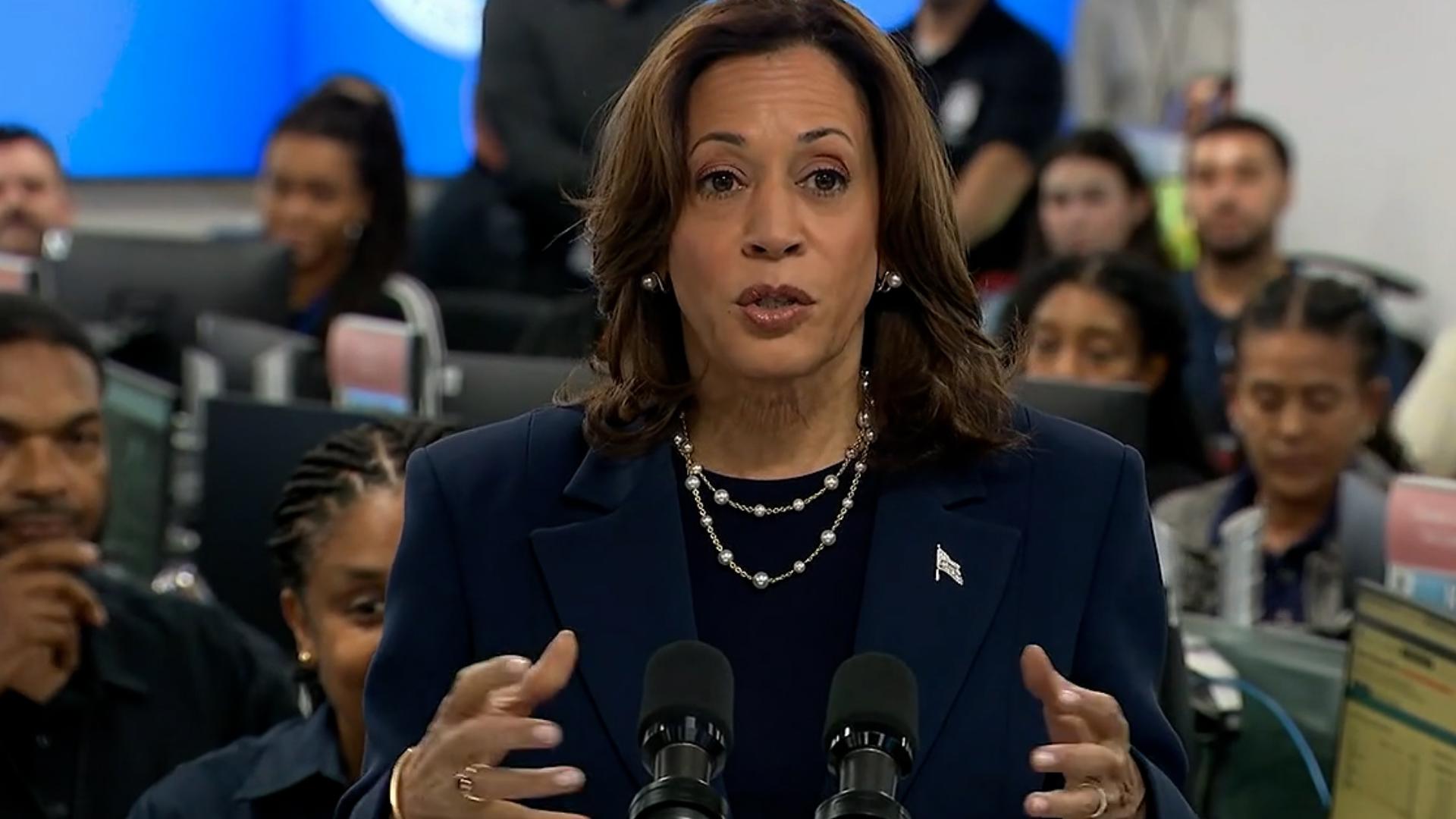 Vice President Kamala Harris spoke about Hurricane Helene and its impacts at FEMA headquarters on September 30, 2024.