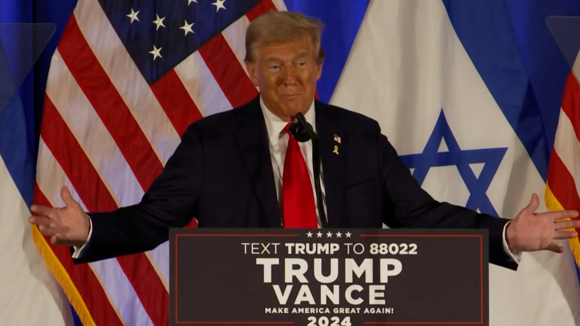 Former President Donald Trump gave a full speech at an event remembering the October 7th attacks on Israel by Hamas in Doral, Florida, on October 7, 2024.