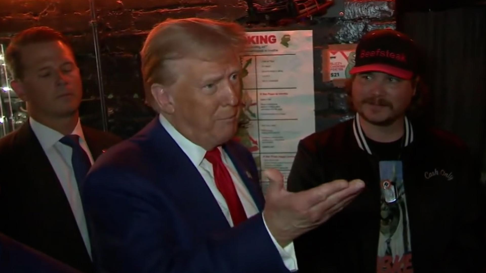 Former President Donald Trump visited Pubkey in NYC, speaking to press on the Teamsters move to not endorse Kamala Harris and the Fed cutting interest rates.