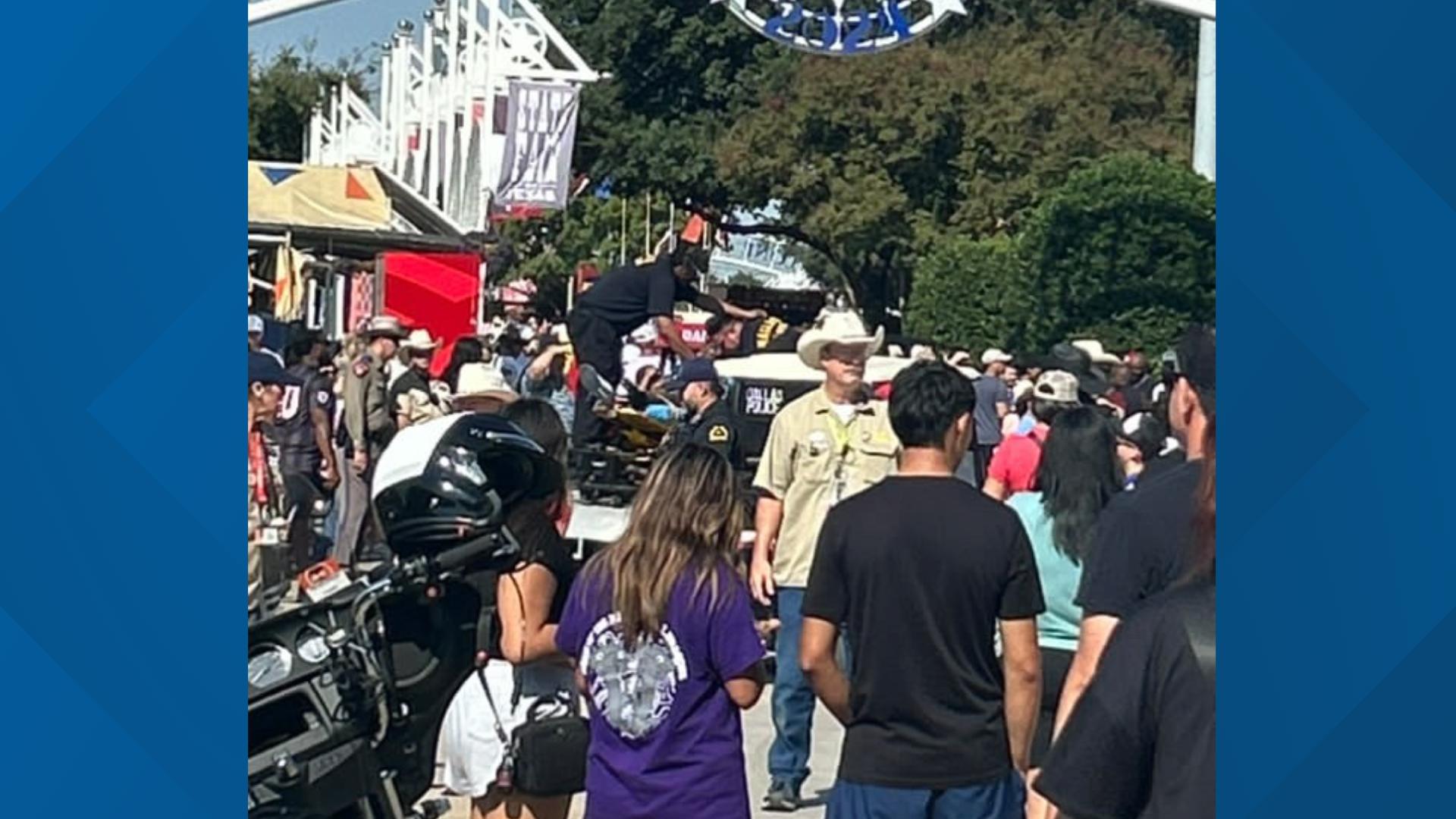 Police say a person was sent to the hospital after being injured by a police horse at the State Fair of Texas.