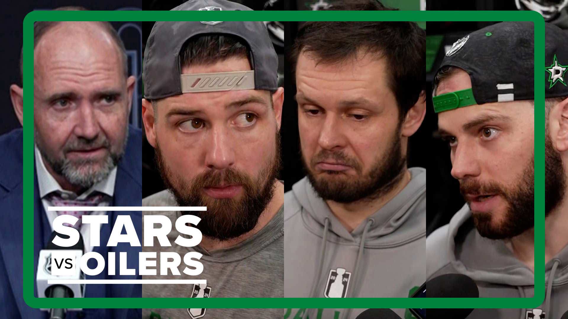 Dallas Stars players Tyler Seguin, Evgenii Dadonov and Jamie Benn, and coach Pete DeBoer, react post-game to the team's seventh straight Game 1 playoff loss.
