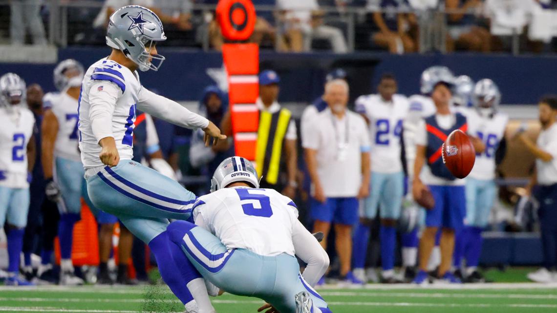 Brandon Aubrey kicking a long field goal during Cowboys vs Washington game