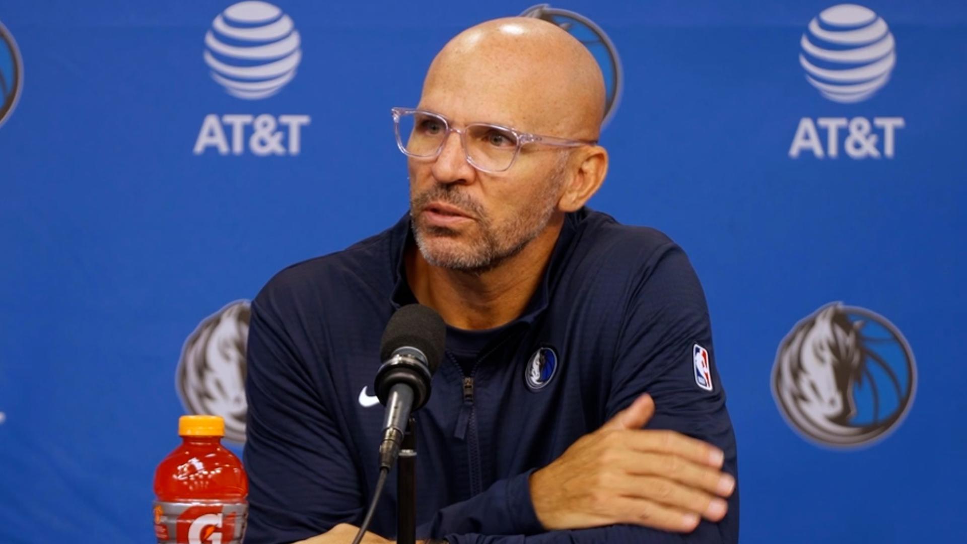 Dallas head coach Jason Kidd speaks to the media after the Mavericks' win over the Bulls.