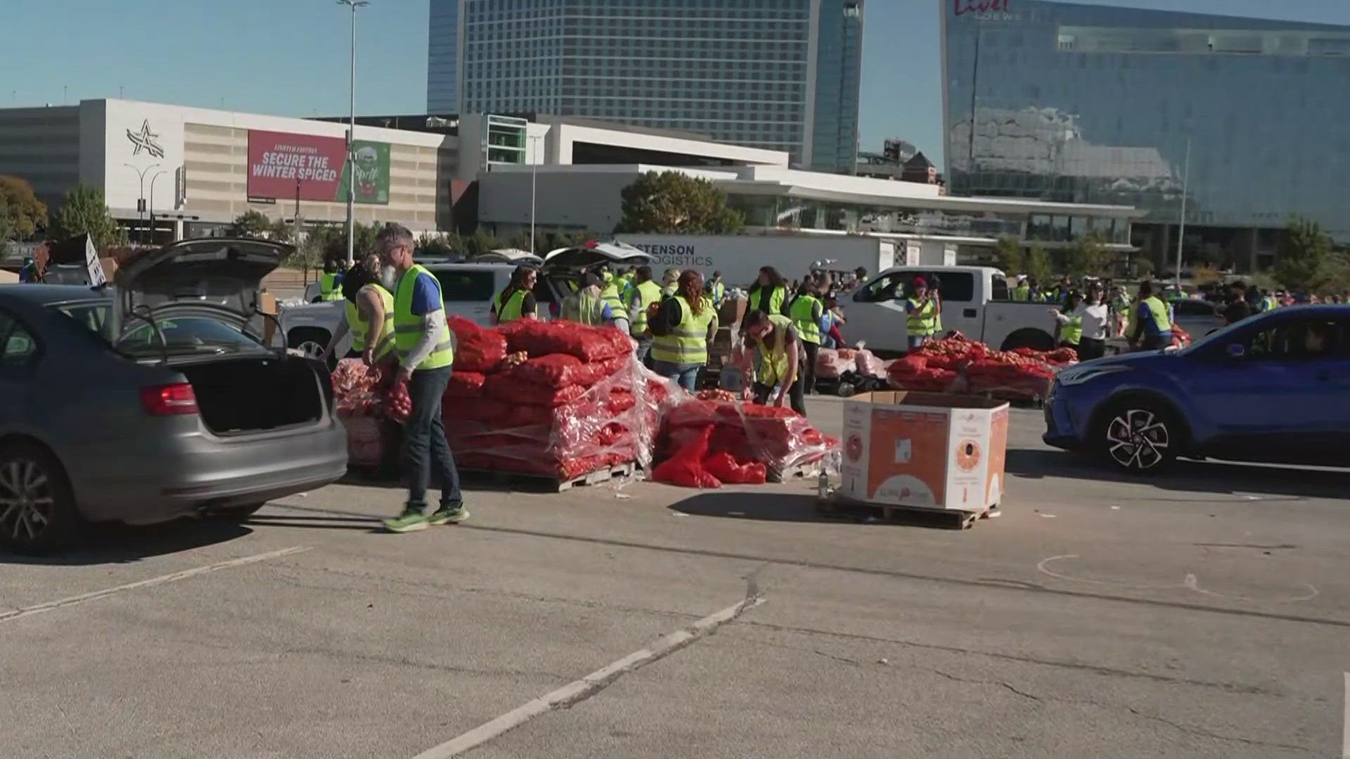 The food drive at AT&T Stadium hosted by the Tarrant Area Food Bank runs until noon.