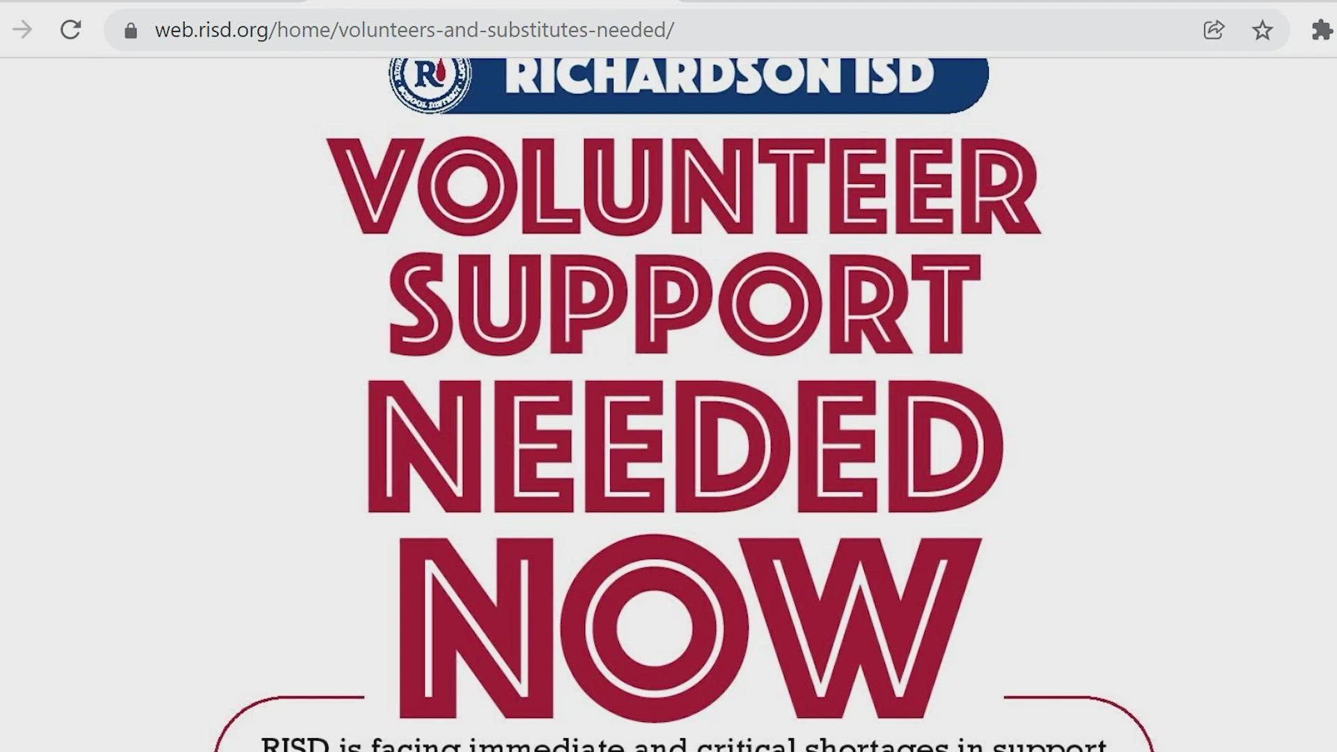 Richardson ISD is asking parents to consider being volunteers at schools and they aren't the only ones struggling to figure out how to keep classes going.