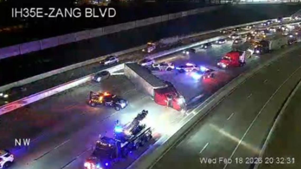 All southbound lanes of I-35E at Illinois in Dallas closed due to overturned 18-wheeler, officials says