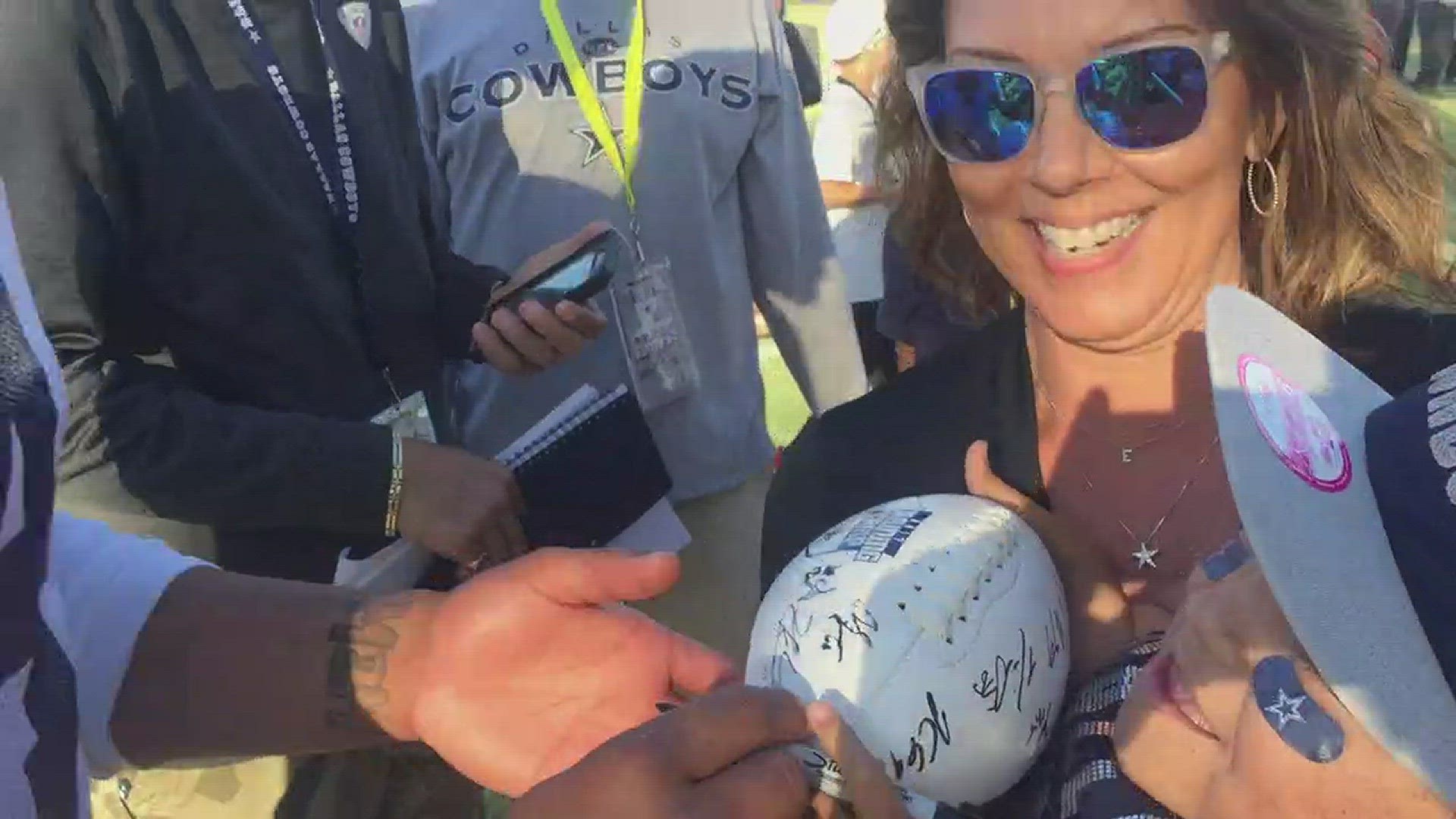 Mykayla Herrera, a young Cowboys fan with brittle bone disease, got to meet a couple of her favorite players after practice Wednesday.